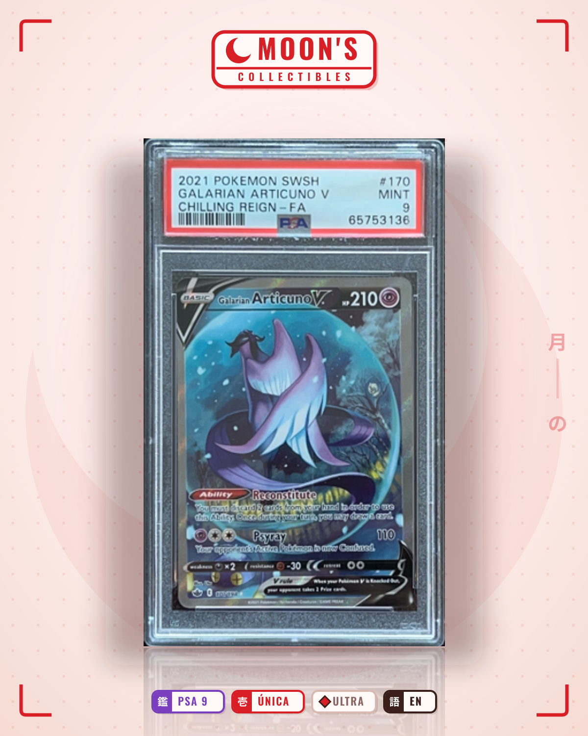 Carta Pokémon Galarian Articuno V · Chilling Reign #170/198 (PSA 9) — pieza única en Moon's Collectibles México