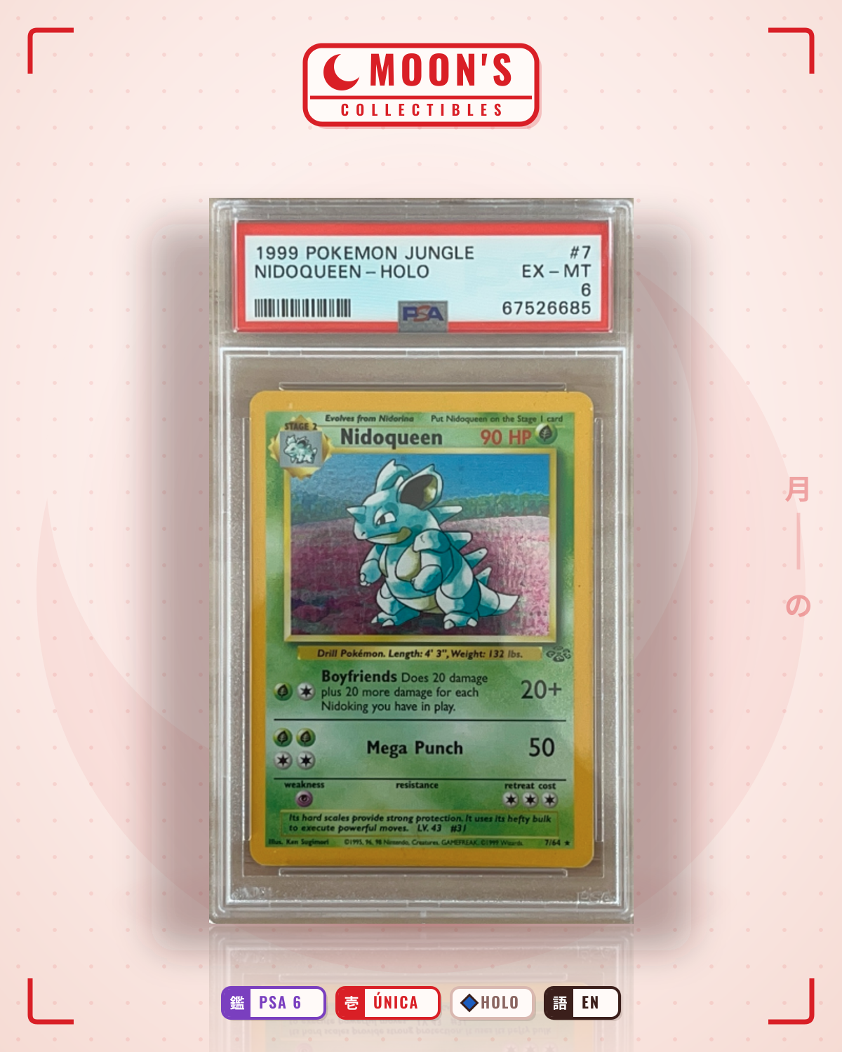 Carta Pokémon Nidoqueen · Jungle #7/64 (PSA 6) — pieza única en Moon's Collectibles México