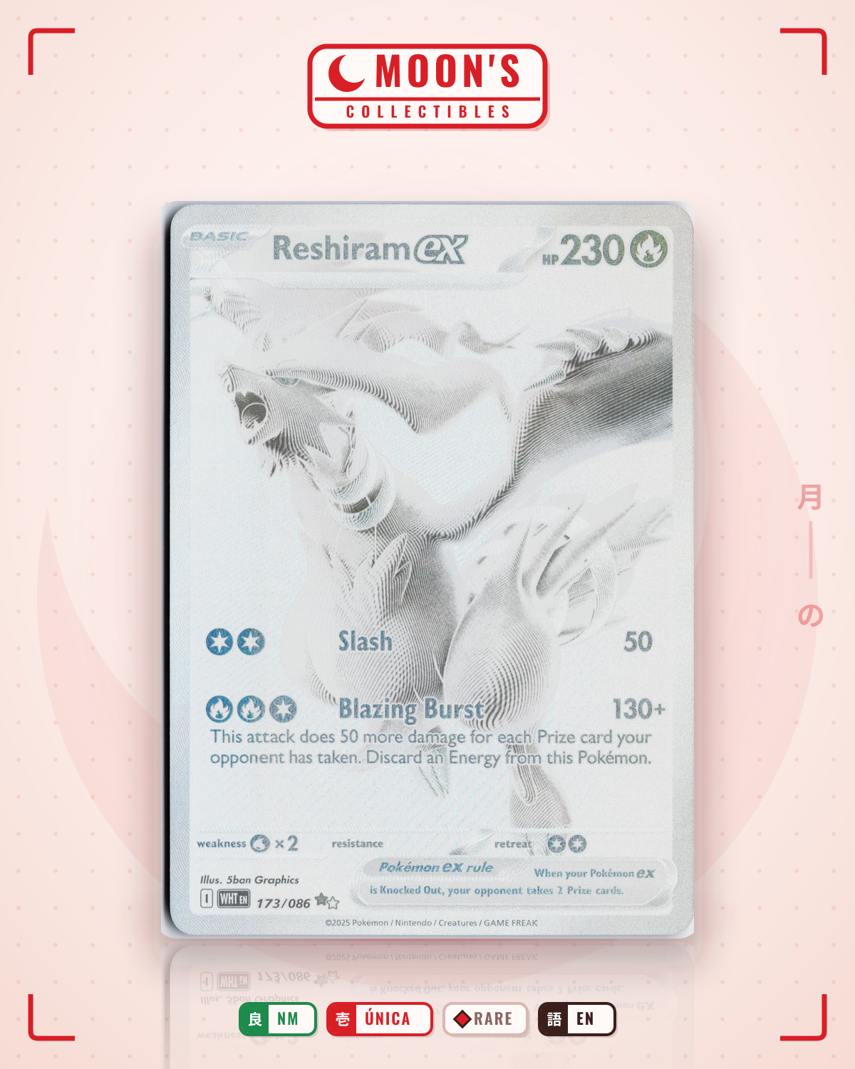 Carta Pokémon Reshiram ex · White Flare #173/086 (NM) — pieza única en Moon's Collectibles México