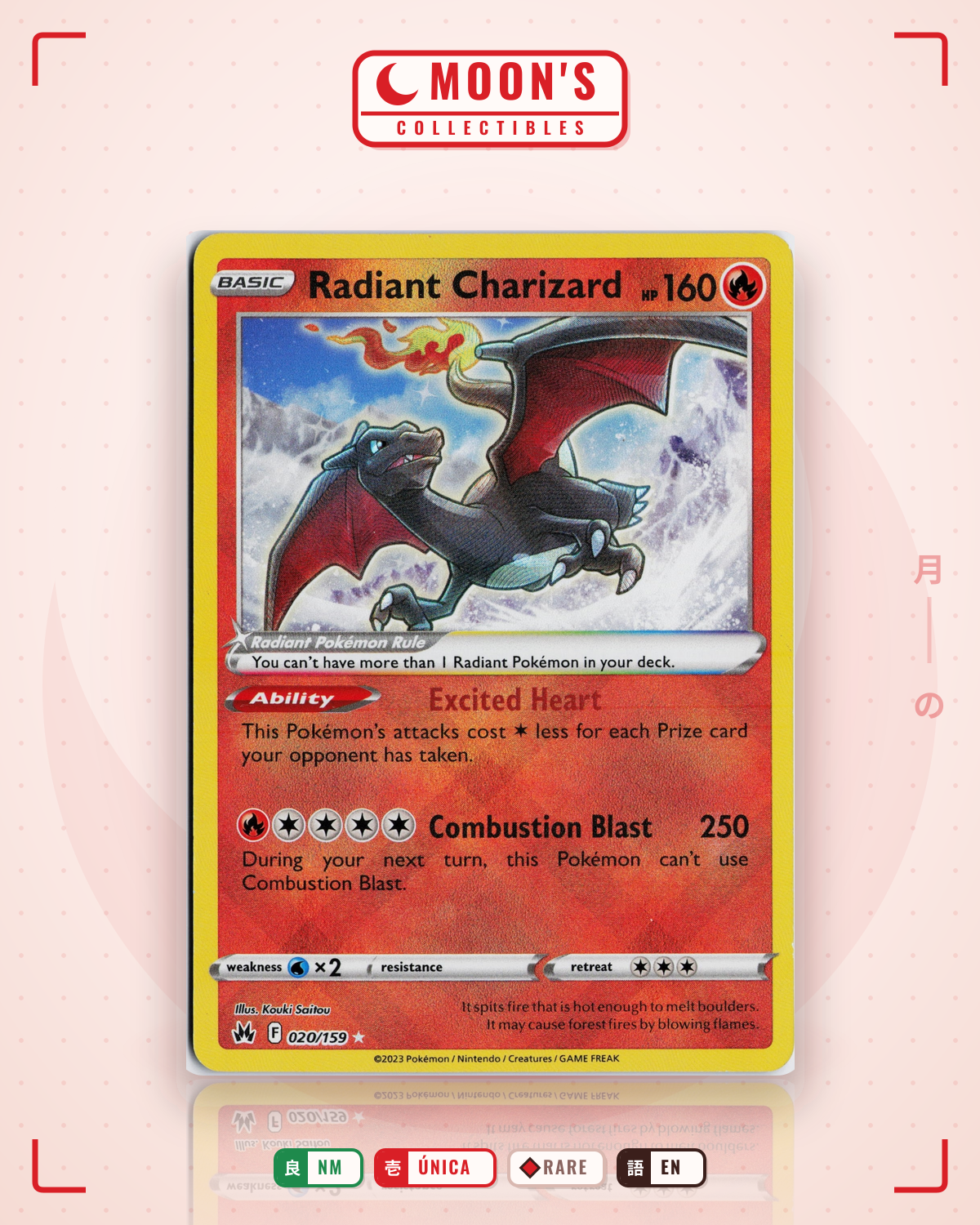 Carta Pokémon Radiant Charizard · Crown Zenith #020/159 (NM) — pieza única en Moon's Collectibles México