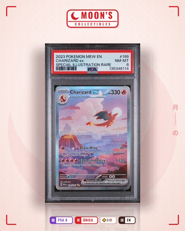 Carta Pokémon Charizard ex · 151 #199/165 (PSA 8) — pieza única en Moon's Collectibles México