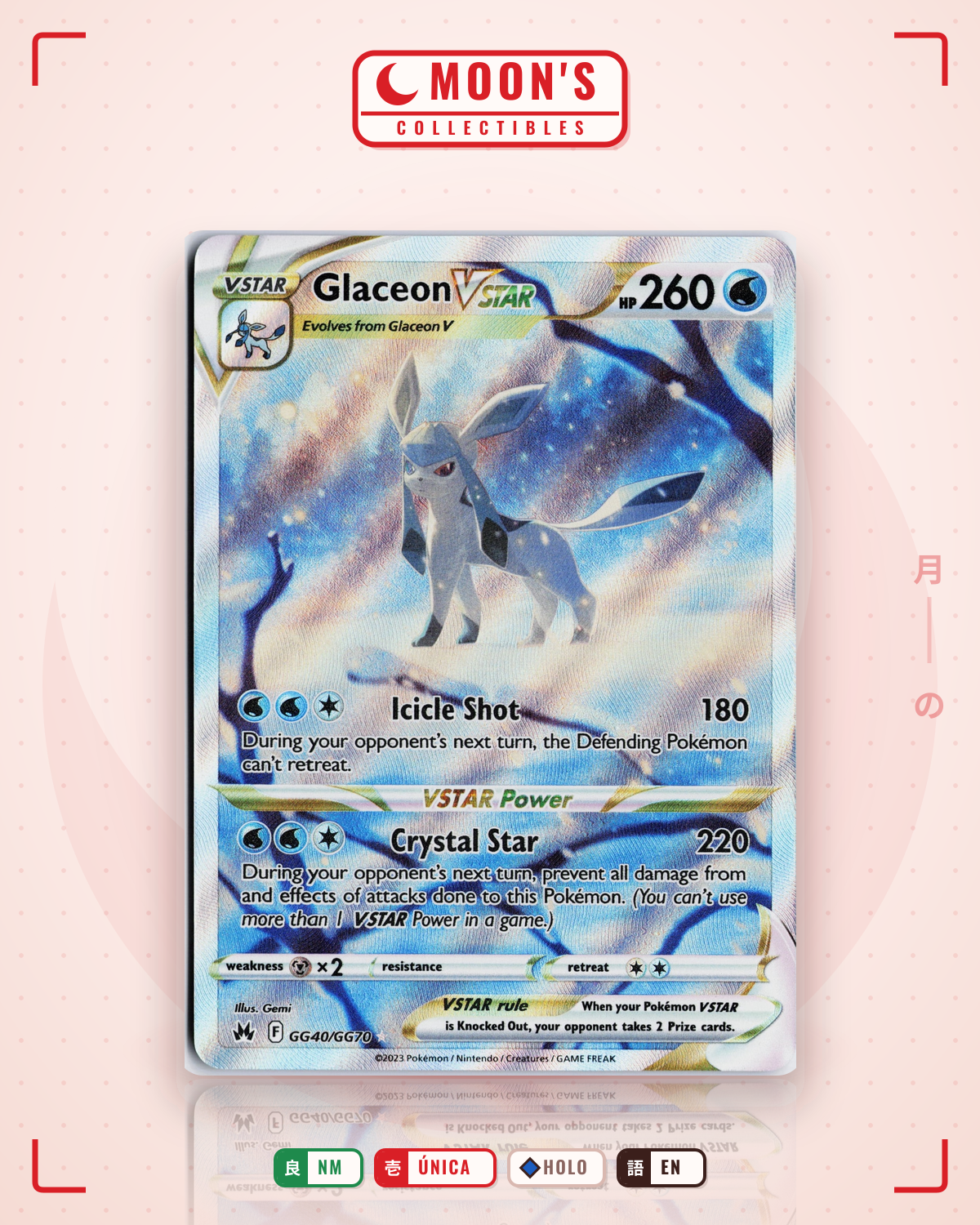 Carta Pokémon Glaceon VSTAR · Crown Zenith Galarian Gallery #GG40/GG70 (NM) — pieza única en Moon's Collectibles México