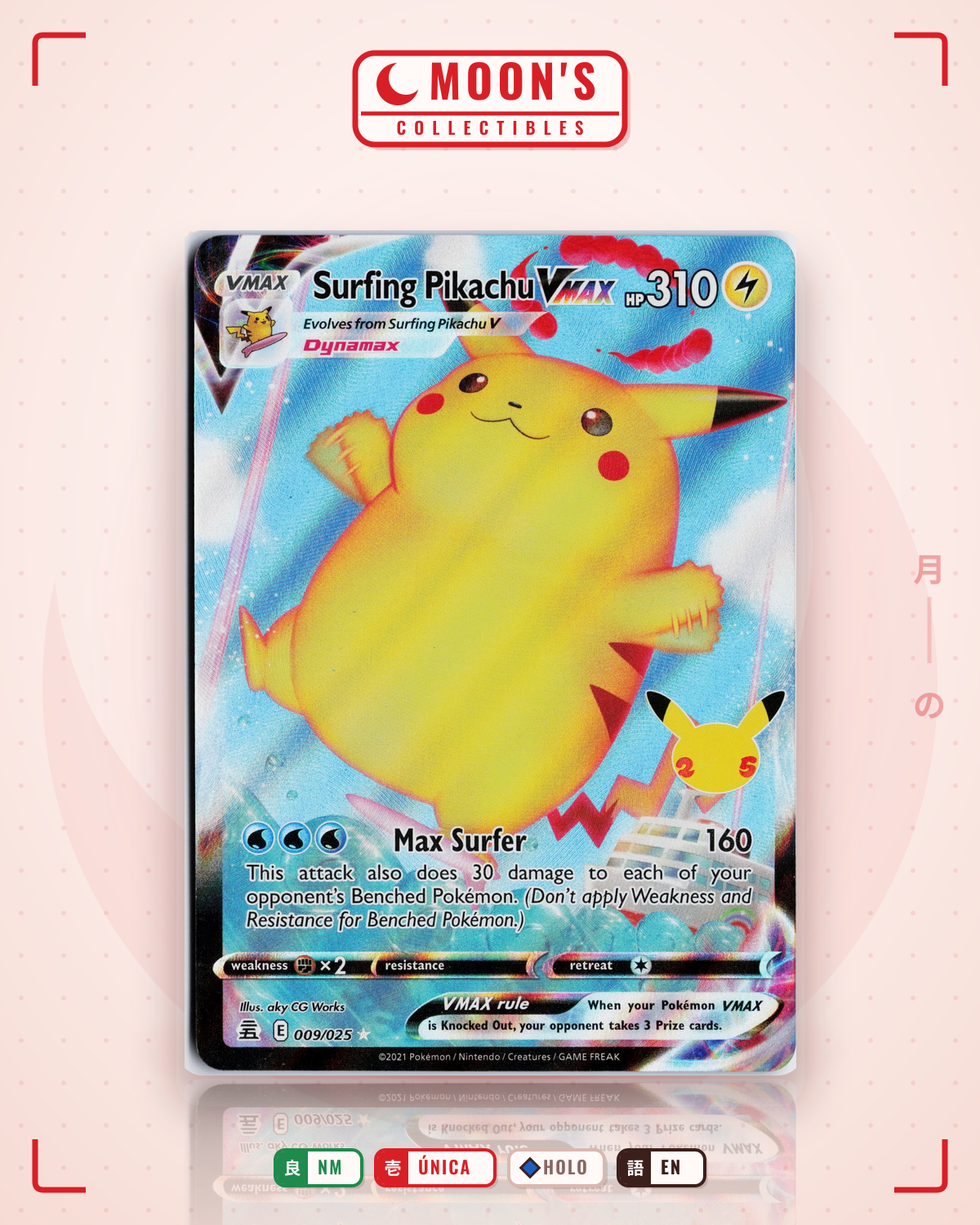 Carta Pokémon Surfing Pikachu VMAX · Celebrations #9 (NM) — pieza única en Moon's Collectibles México
