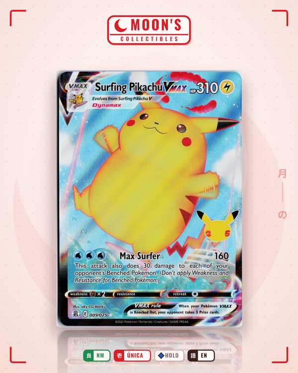 Carta Pokémon Surfing Pikachu VMAX · Celebrations #9 (NM) — pieza única en Moon's Collectibles México