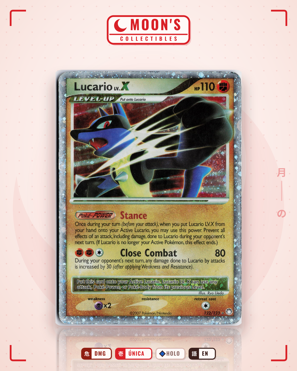 Carta Pokémon Lucario LV.X · Mysterious Treasures #122/123 (DMG) — pieza única en Moon's Collectibles México