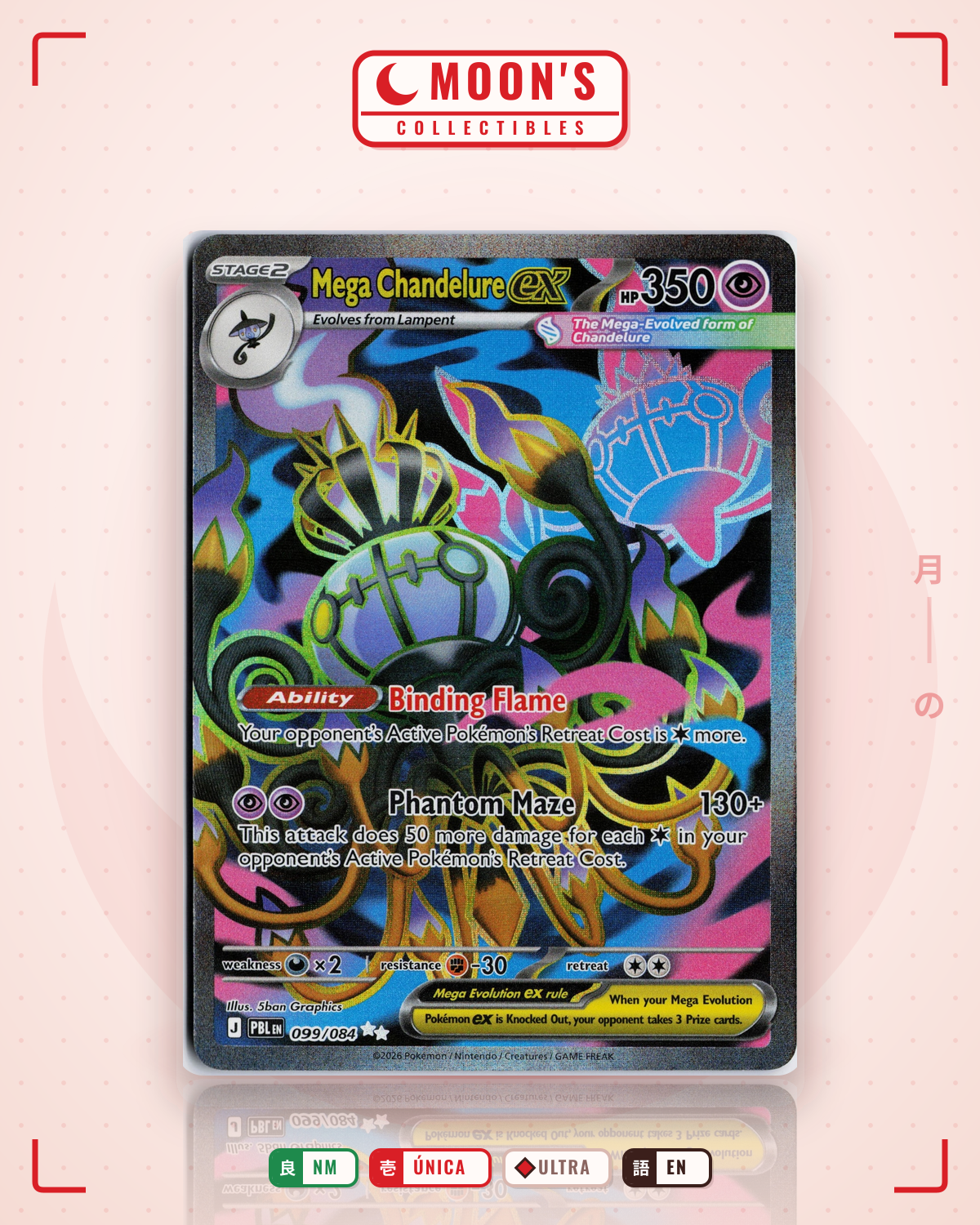 Carta Pokémon Mega Chandelure ex · Pitch Black #099/084 (NM) — pieza única en Moon's Collectibles México