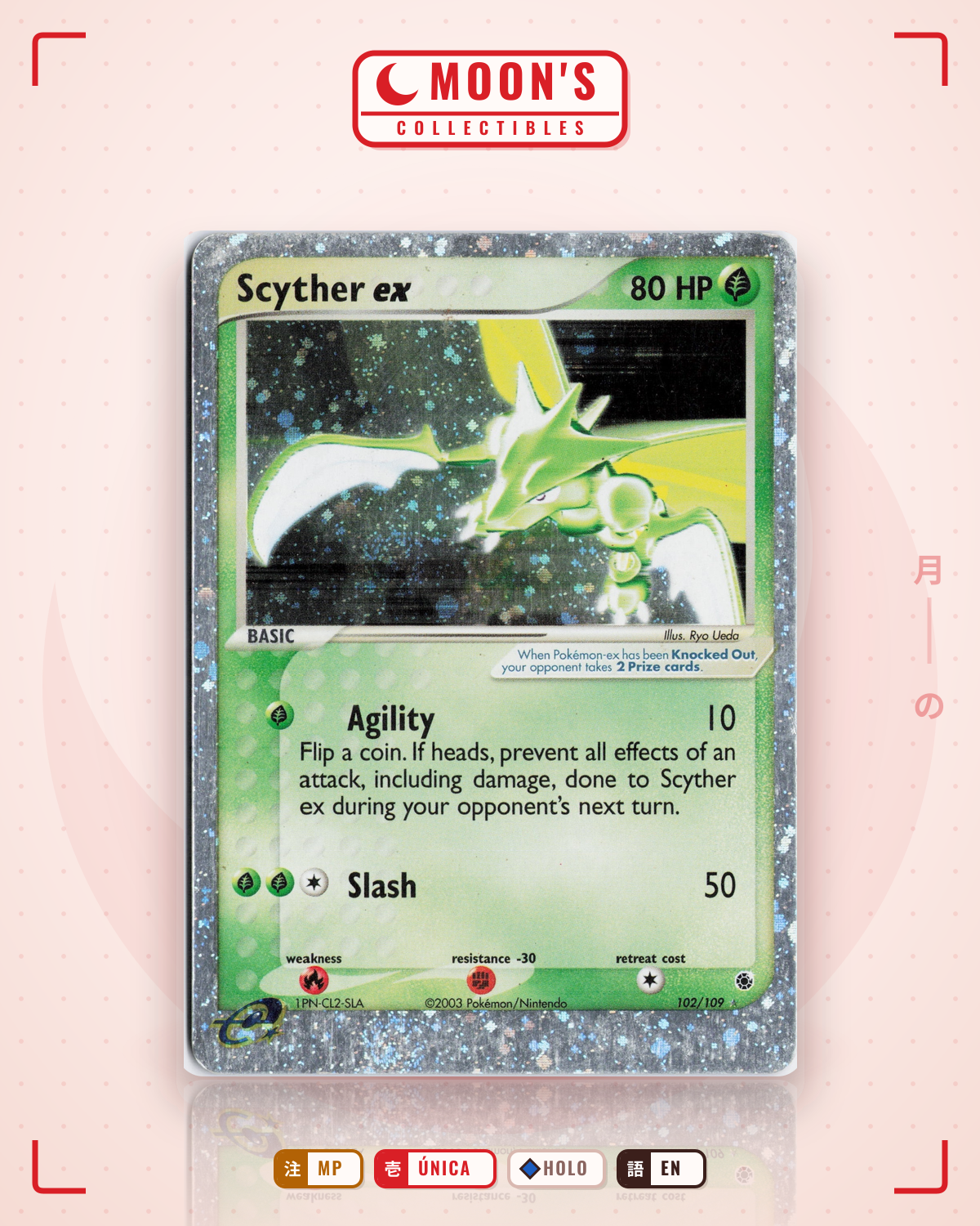 Carta Pokémon Scyther ex · Ruby & Sapphire #102/109 (MP) — pieza única en Moon's Collectibles México