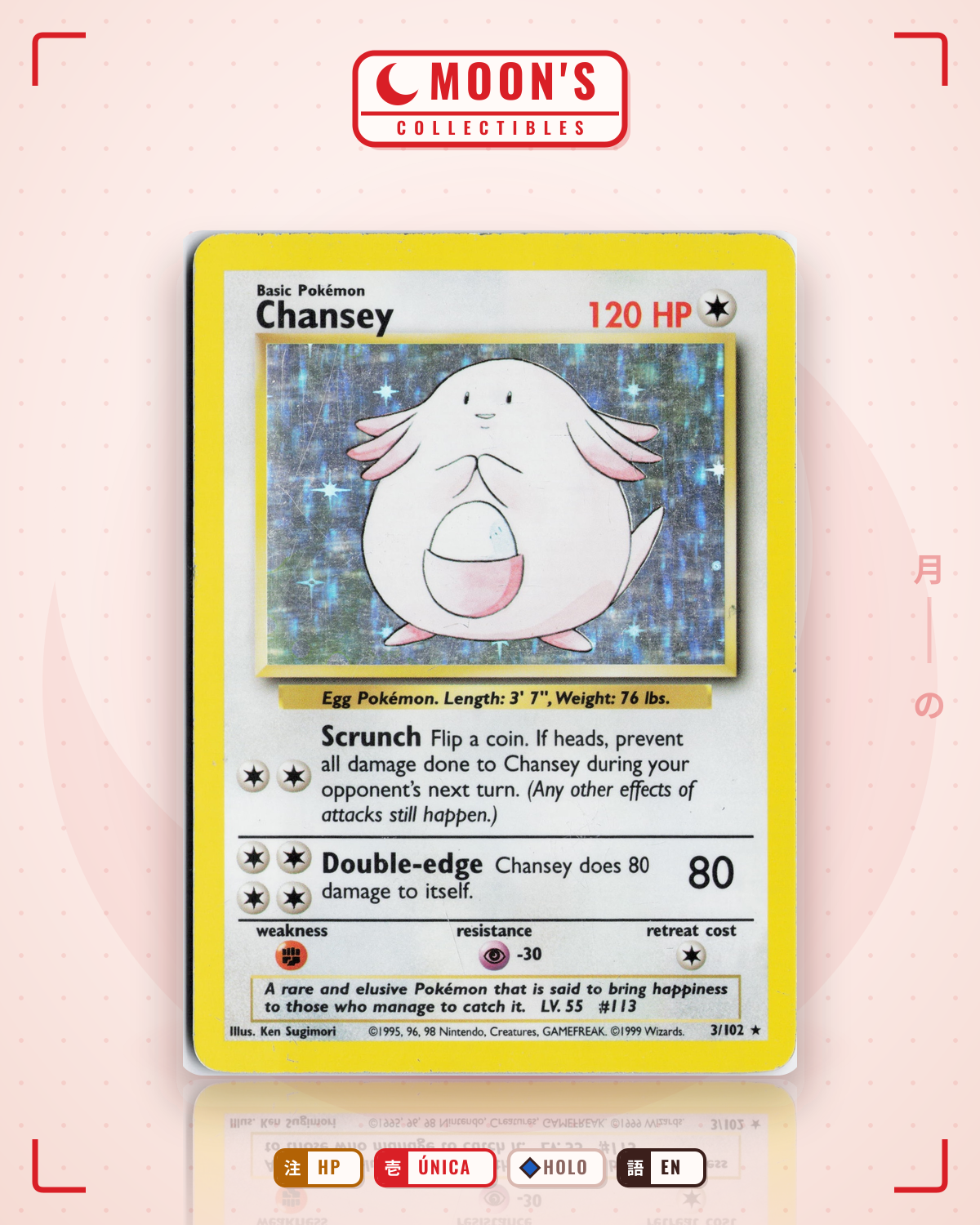 Carta Pokémon Chansey · Base #3/102 (HP) — pieza única en Moon's Collectibles México
