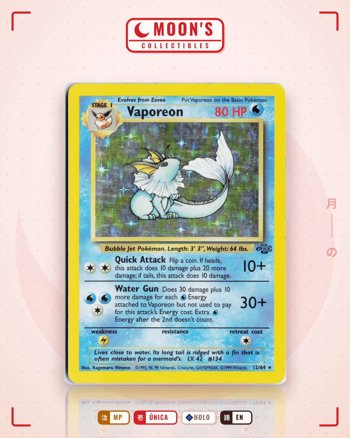 Carta Pokémon Vaporeon · Jungle #12/64 (MP) — pieza única en Moon's Collectibles México