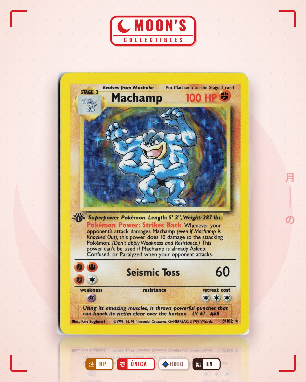 Carta Pokémon Machamp · Base #8/102 (HP) — pieza única en Moon's Collectibles México