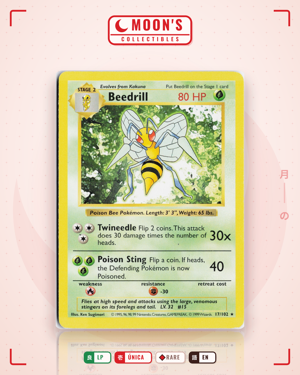 Carta Pokémon Beedrill · Base #17/102 (LP) — pieza única en Moon's Collectibles México