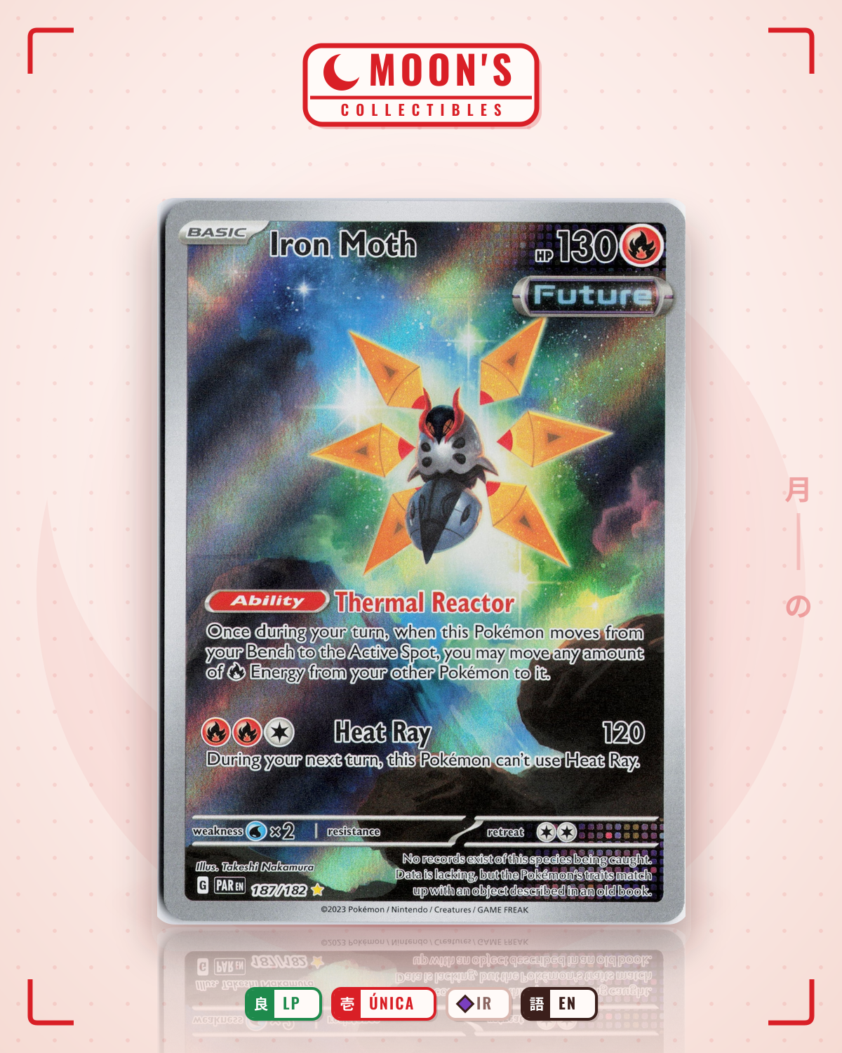 Carta Pokémon Iron Moth · Paradox Rift #187/182 (LP) — pieza única en Moon's Collectibles México