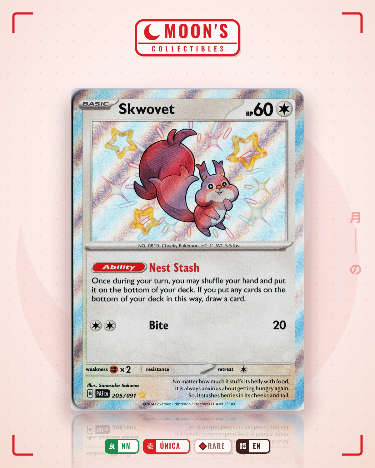 Carta Pokémon Skwovet · Paldean Fates #205/091 (NM) — pieza única en Moon's Collectibles México