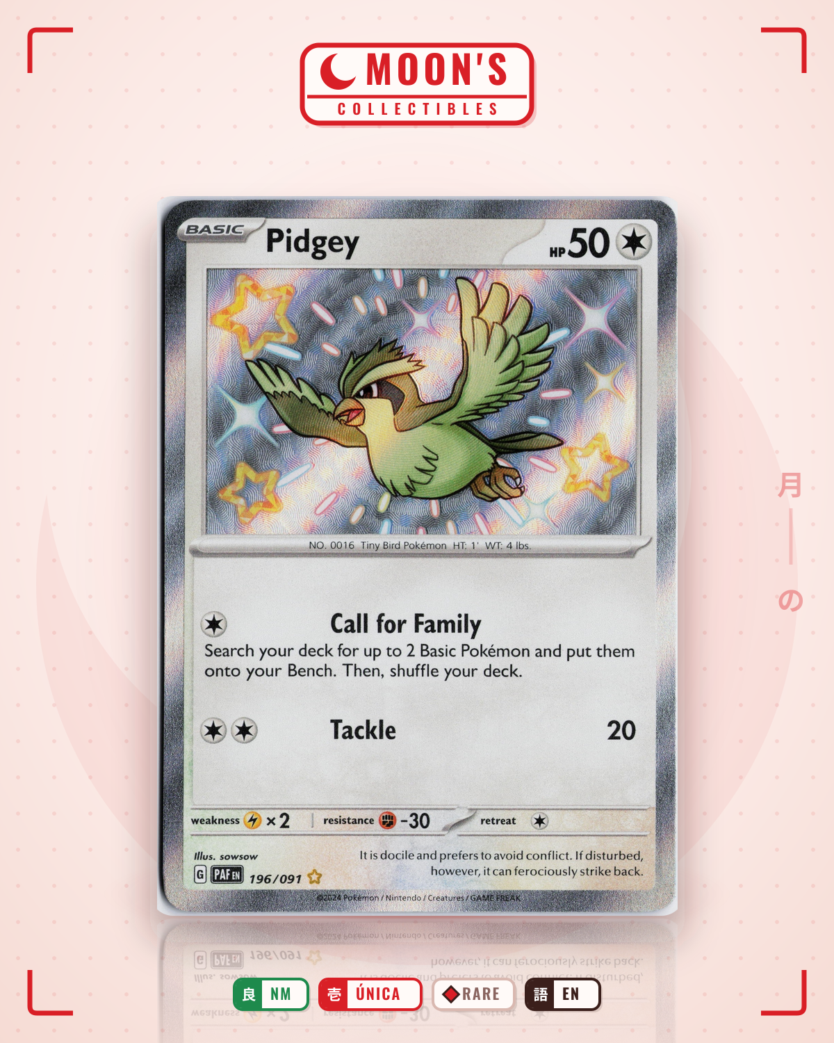 Carta Pokémon Pidgey · Paldean Fates #196/091 (NM) — pieza única en Moon's Collectibles México