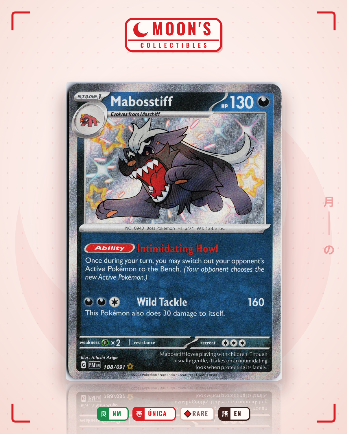 Carta Pokémon Mabosstiff · Paldean Fates #188/091 (NM) — pieza única en Moon's Collectibles México