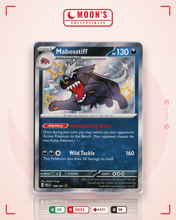 Carta Pokémon Mabosstiff · Paldean Fates #188/091 (NM) — pieza única en Moon's Collectibles México