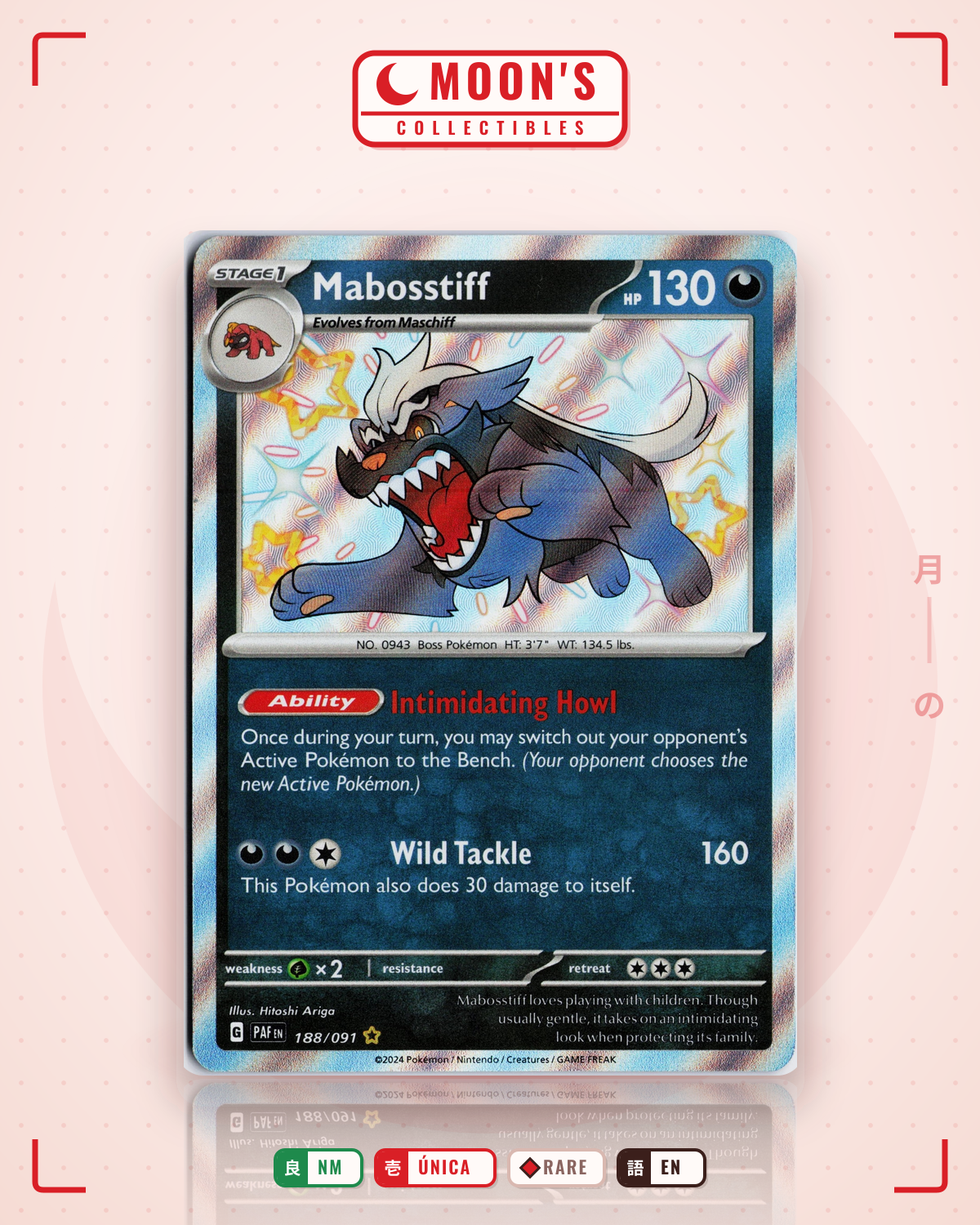 Carta Pokémon Mabosstiff · Paldean Fates #188/091 (NM) — pieza única en Moon's Collectibles México