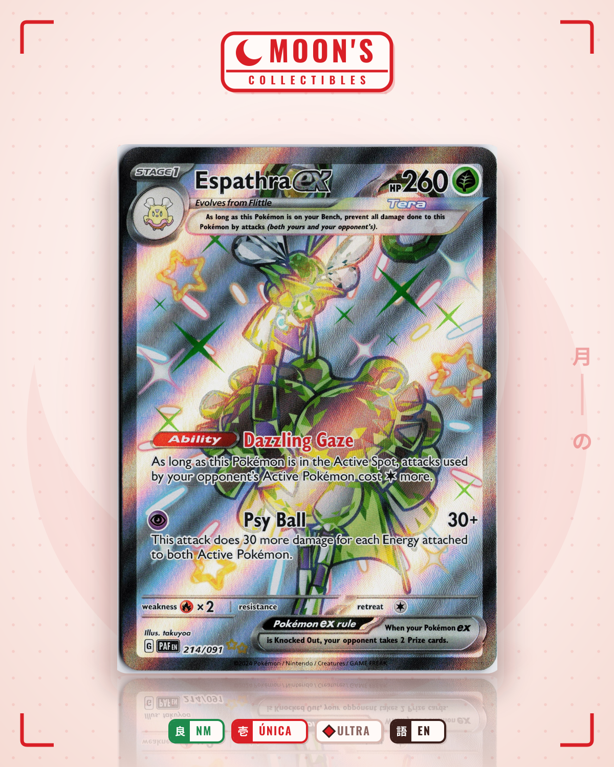 Carta Pokémon Espathra ex · Paldean Fates #214/091 (NM) — pieza única en Moon's Collectibles México