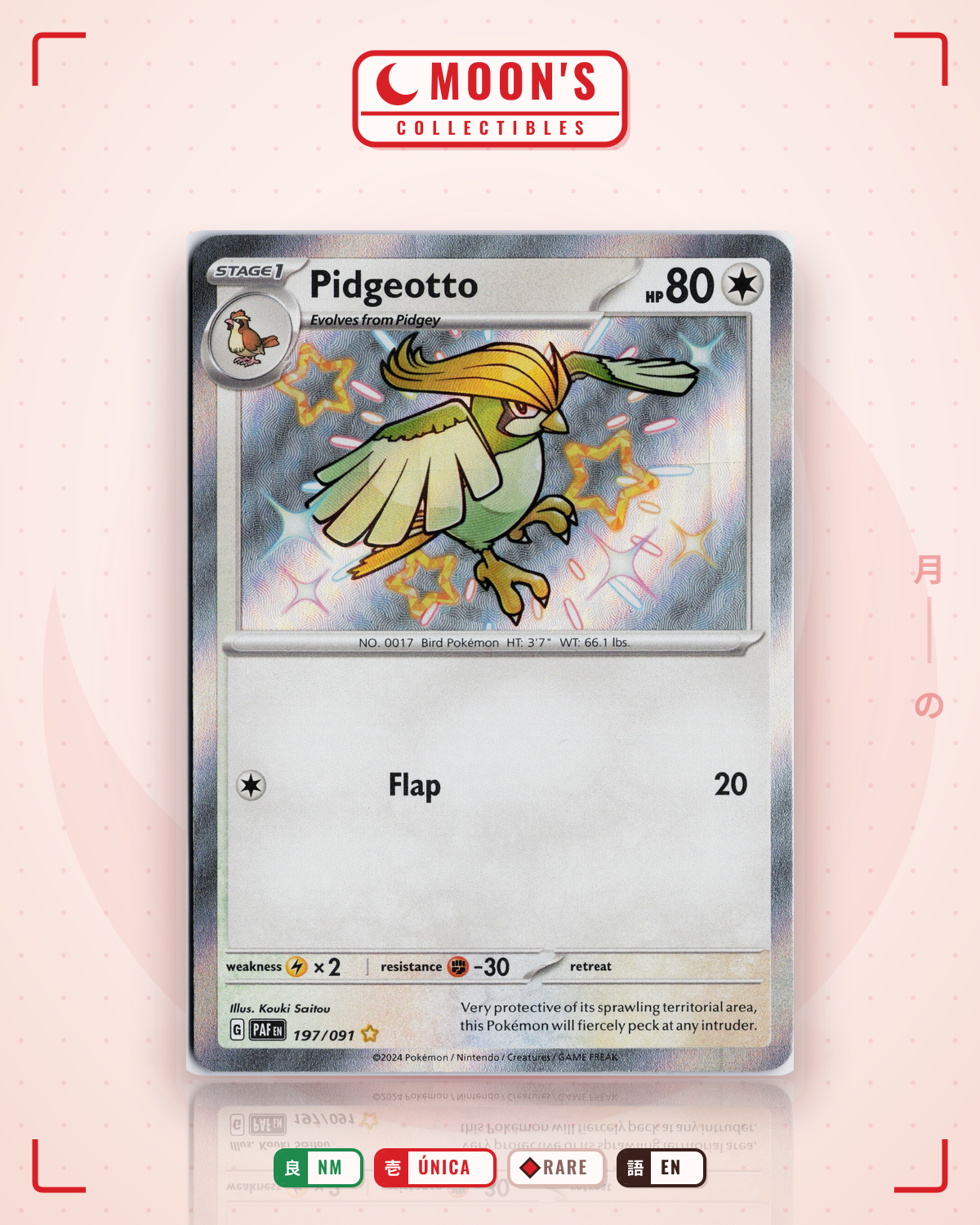 Carta Pokémon Pidgeotto · Paldean Fates #197/091 (NM) — pieza única en Moon's Collectibles México