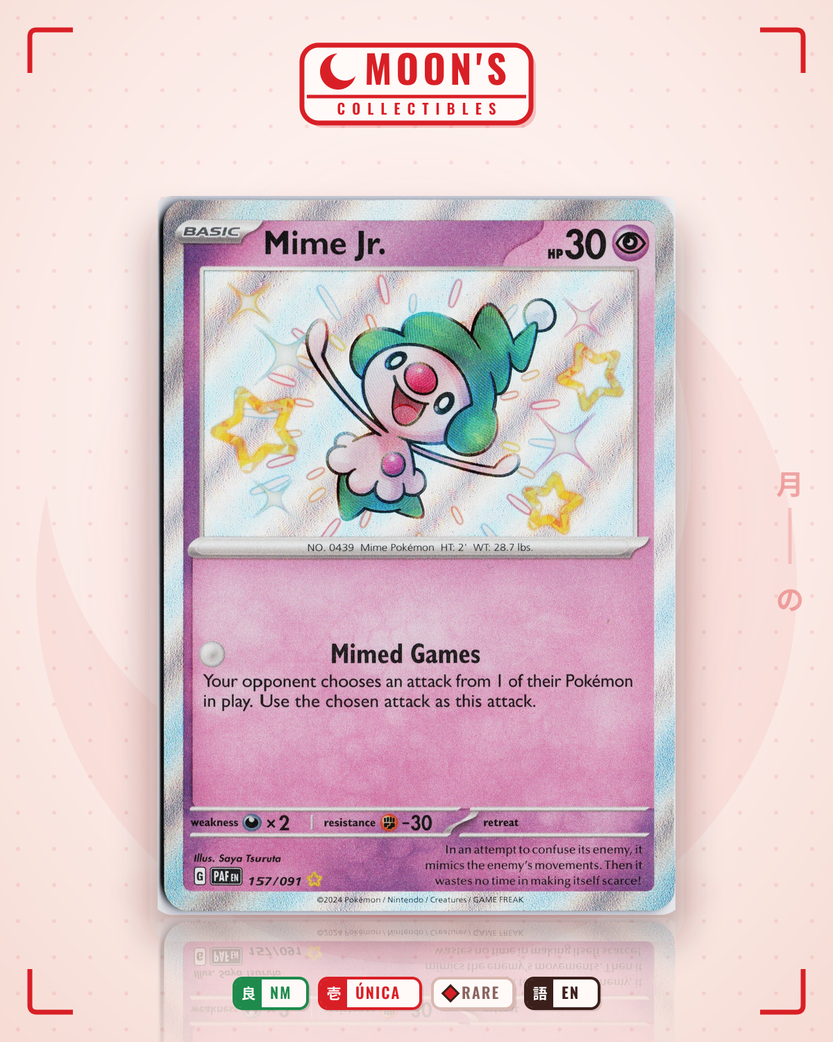 Carta Pokémon Mime Jr. · Paldean Fates #157/091 (NM) — pieza única en Moon's Collectibles México