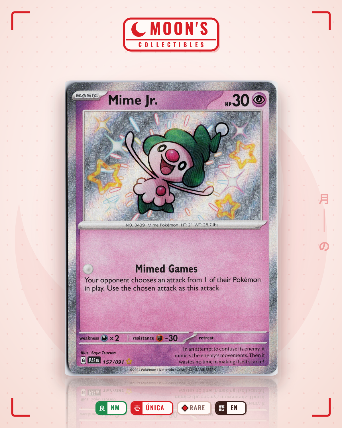 Carta Pokémon Mime Jr. · Paldean Fates #157/091 (NM) — pieza única en Moon's Collectibles México