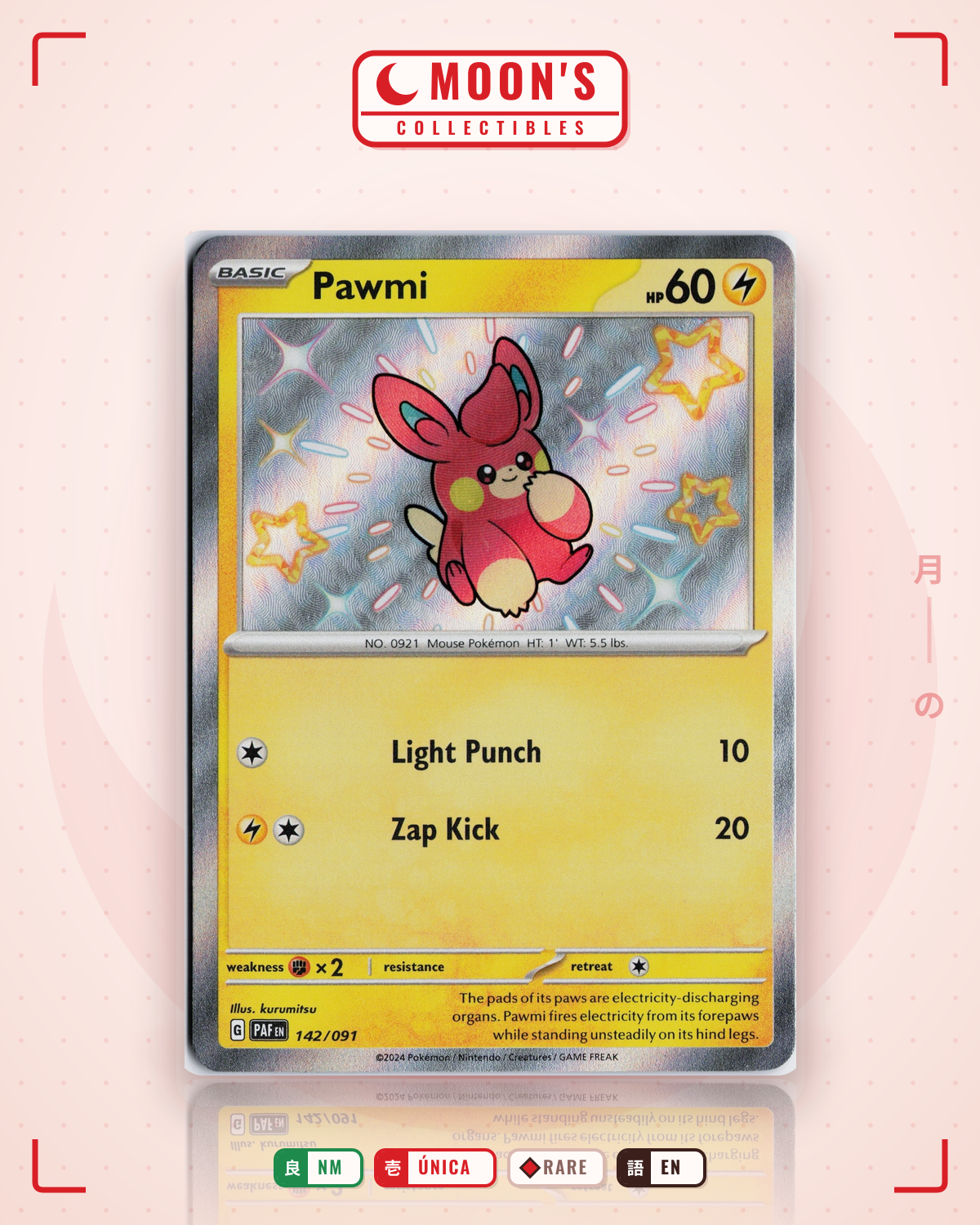 Carta Pokémon Pawmi · Paldean Fates #142/091 (NM) — pieza única en Moon's Collectibles México