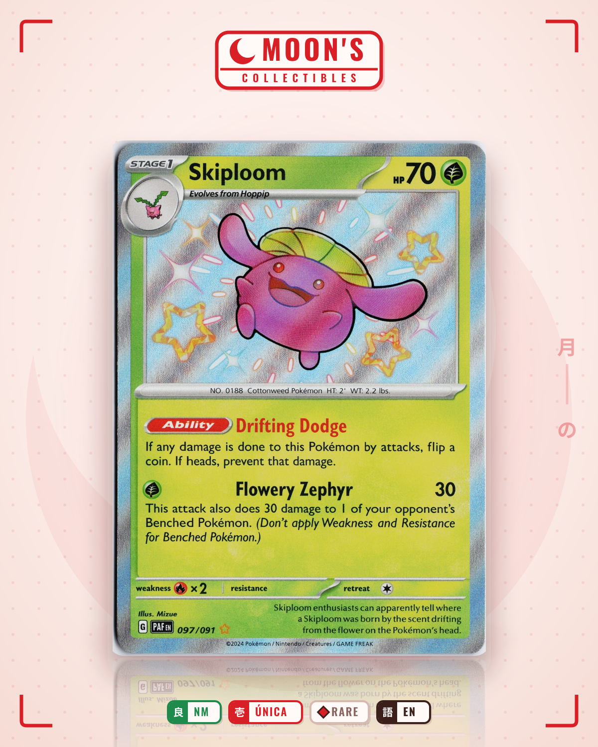 Carta Pokémon Skiploom · Paldean Fates #097/091 (NM) — pieza única en Moon's Collectibles México