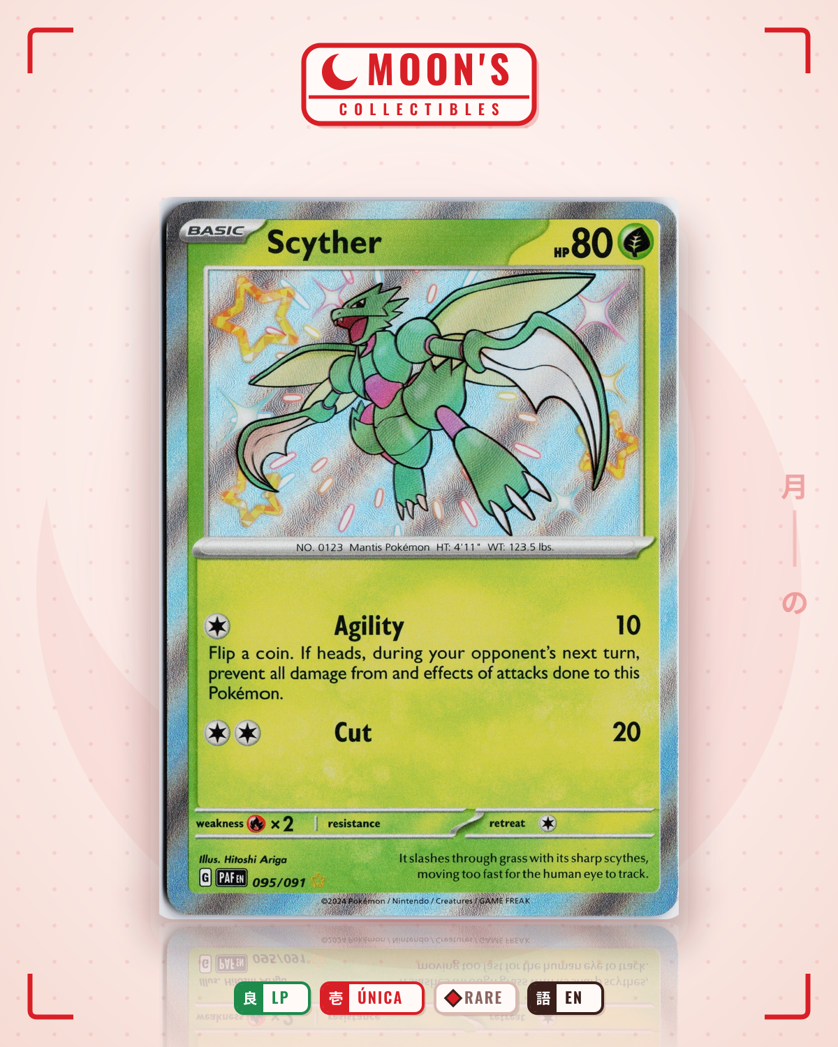 Carta Pokémon Scyther · Paldean Fates #095/091 (LP) — pieza única en Moon's Collectibles México