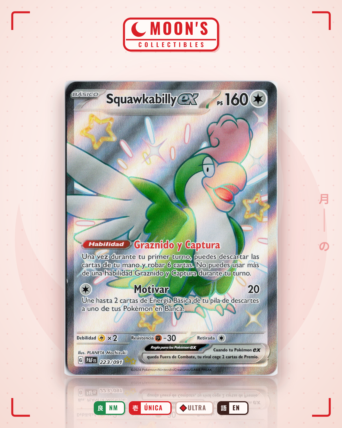 Carta Pokémon Squawkabilly ex · Paldean Fates #223/091 (NM) — pieza única en Moon's Collectibles México