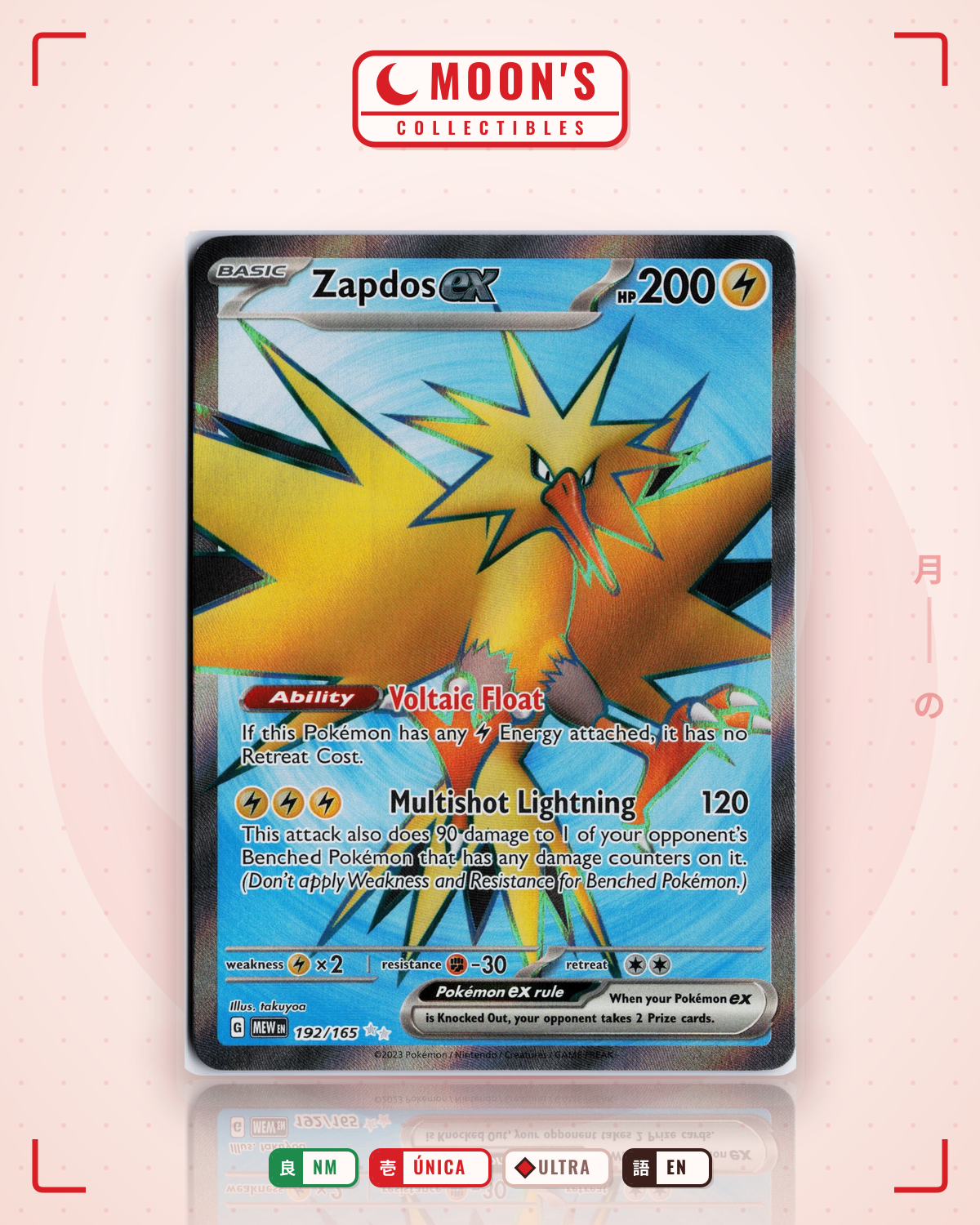 Carta Pokémon Zapdos ex · 151 #192/165 (NM) — pieza única en Moon's Collectibles México