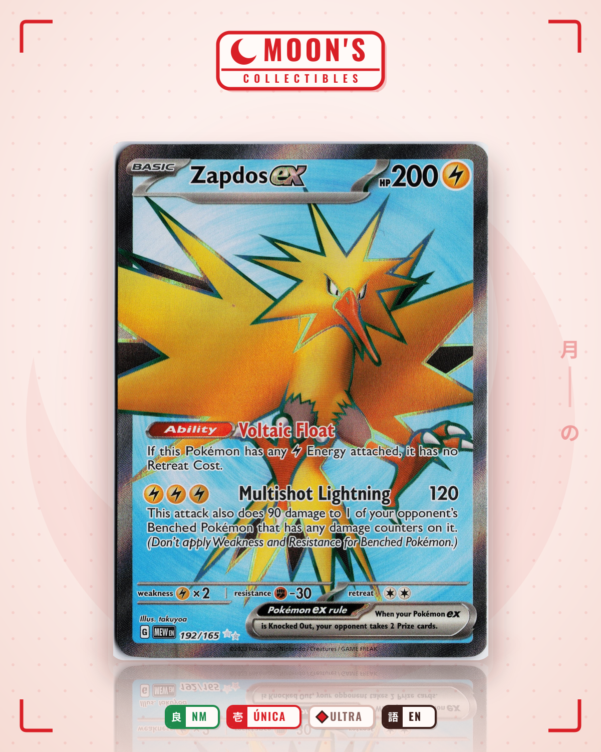 Carta Pokémon Zapdos ex · 151 #192/165 (NM) — pieza única en Moon's Collectibles México