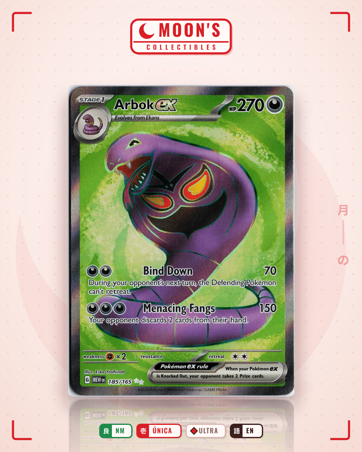 Carta Pokémon Arbok ex · 151 #185/165 (NM) — pieza única en Moon's Collectibles México