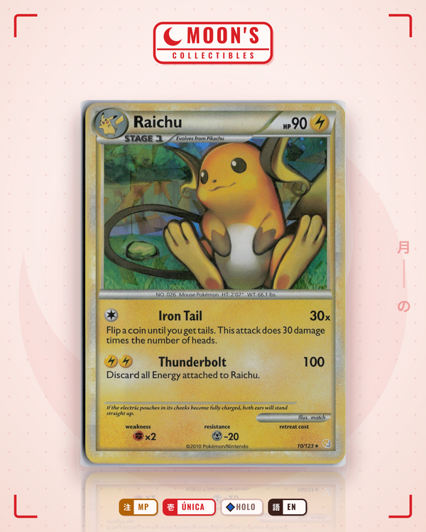 Carta Pokémon Raichu · HeartGold & SoulSilver #10/123 (MP) — pieza única en Moon's Collectibles México