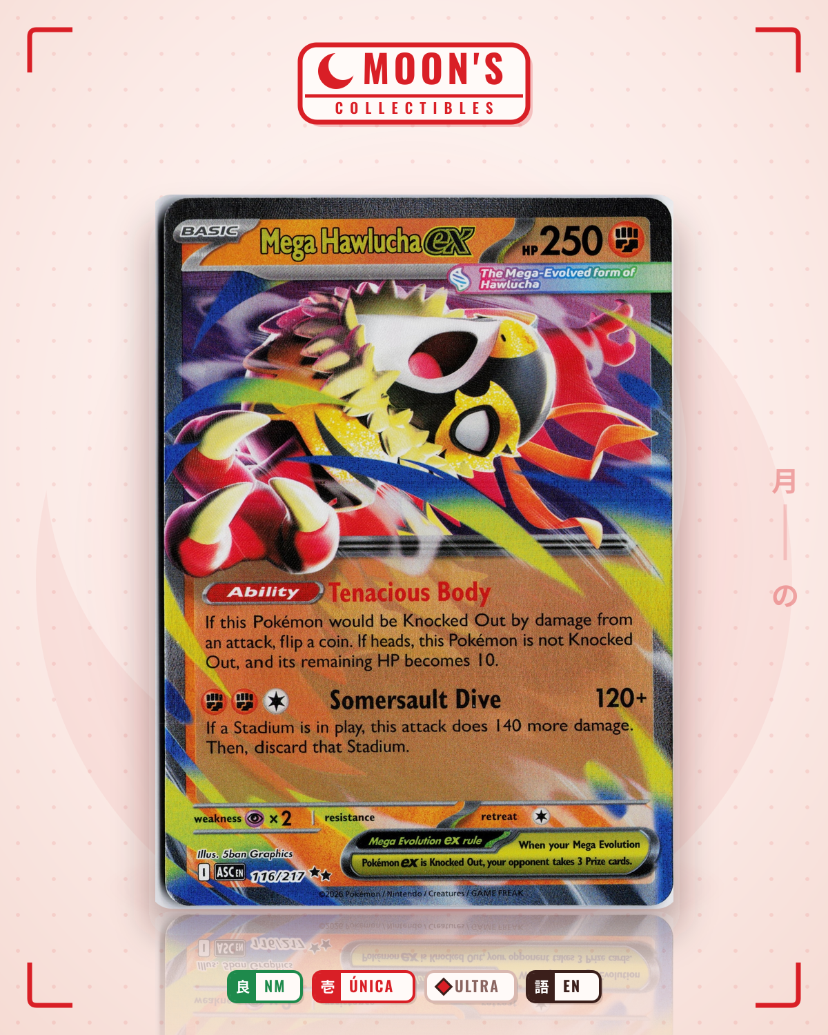 Carta Pokémon Mega Hawlucha ex · Ascended Heroes #116/217 (NM) — pieza única en Moon's Collectibles México