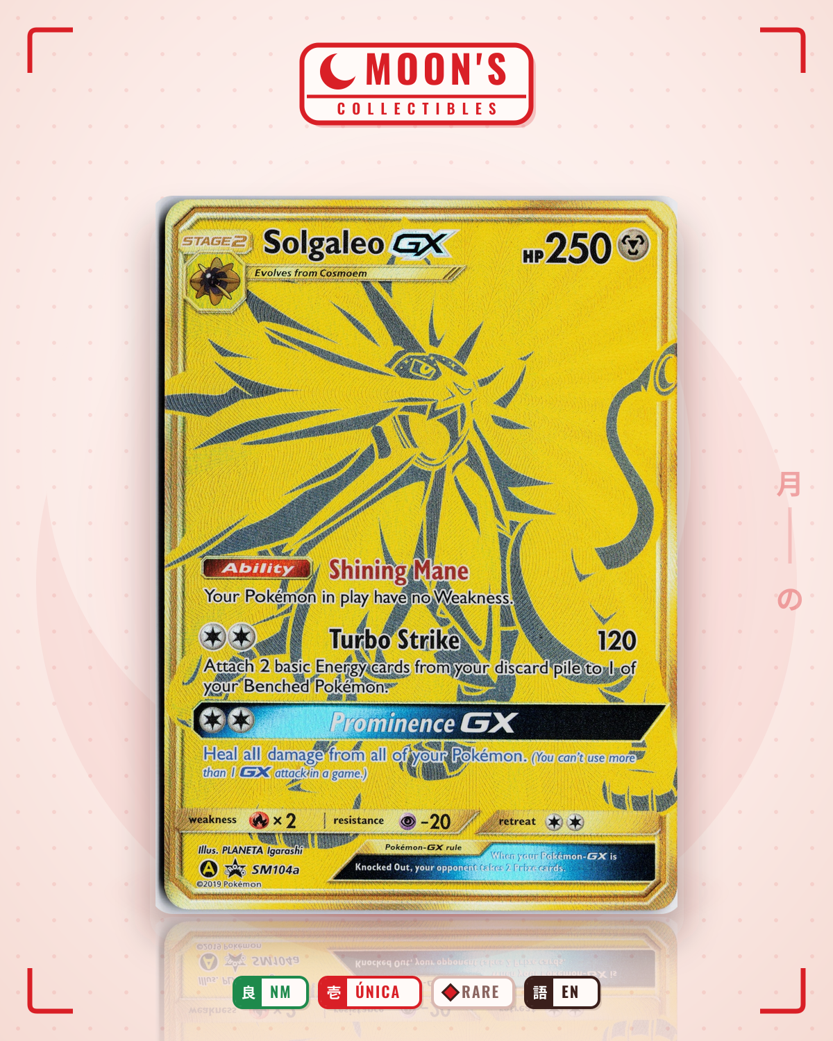 Carta Pokémon Solgaleo-GX · SM Black Star Promos #SM104a (NM) — pieza única en Moon's Collectibles México