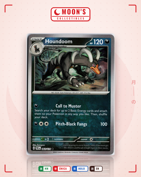 Carta Pokémon Houndoom · Prismatic Evolutions #063/131 (NM) — pieza única en Moon's Collectibles México