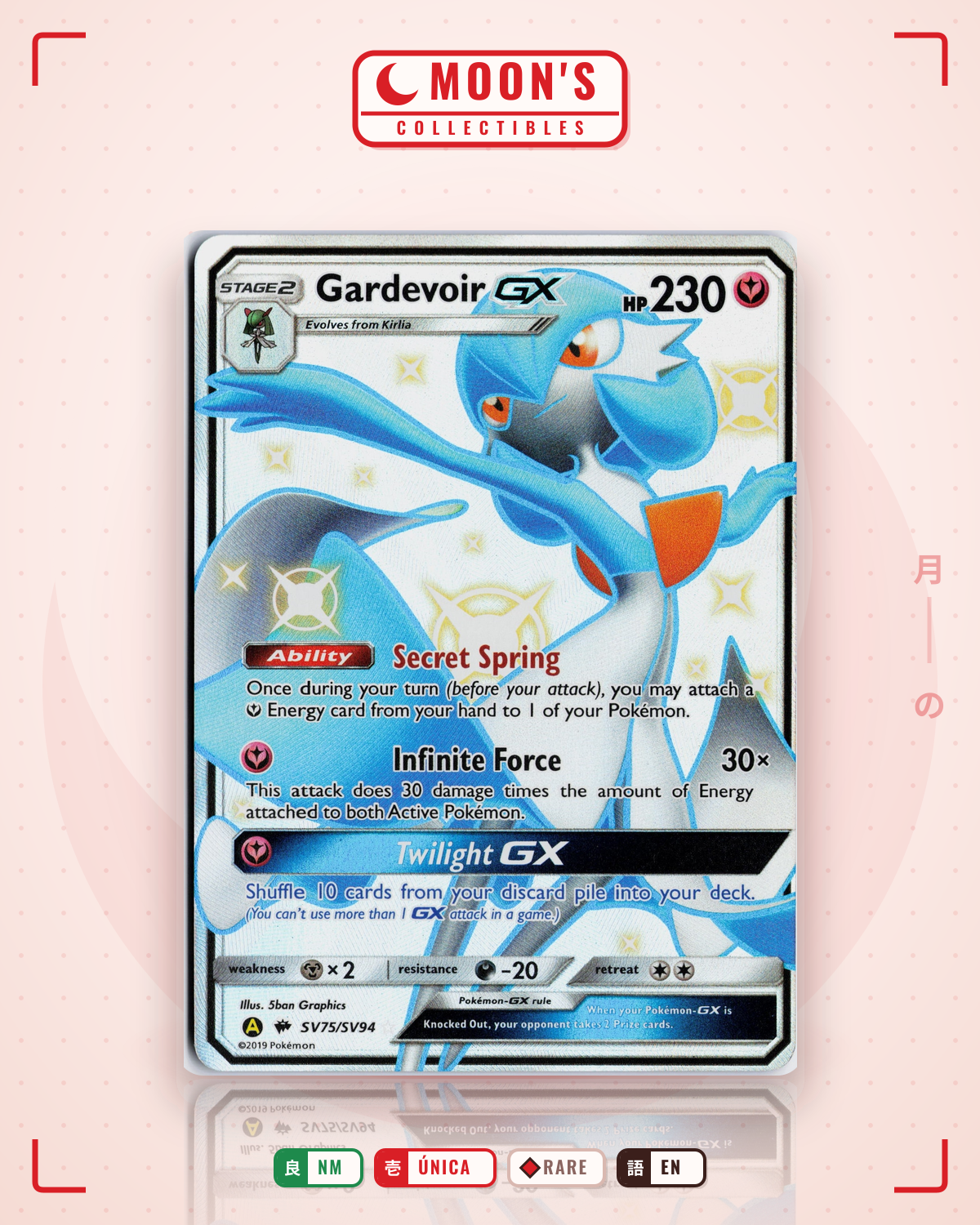 Carta Pokémon Gardevoir-GX · Hidden Fates Shiny Vault #SV75/SV94 (NM) — pieza única en Moon's Collectibles México