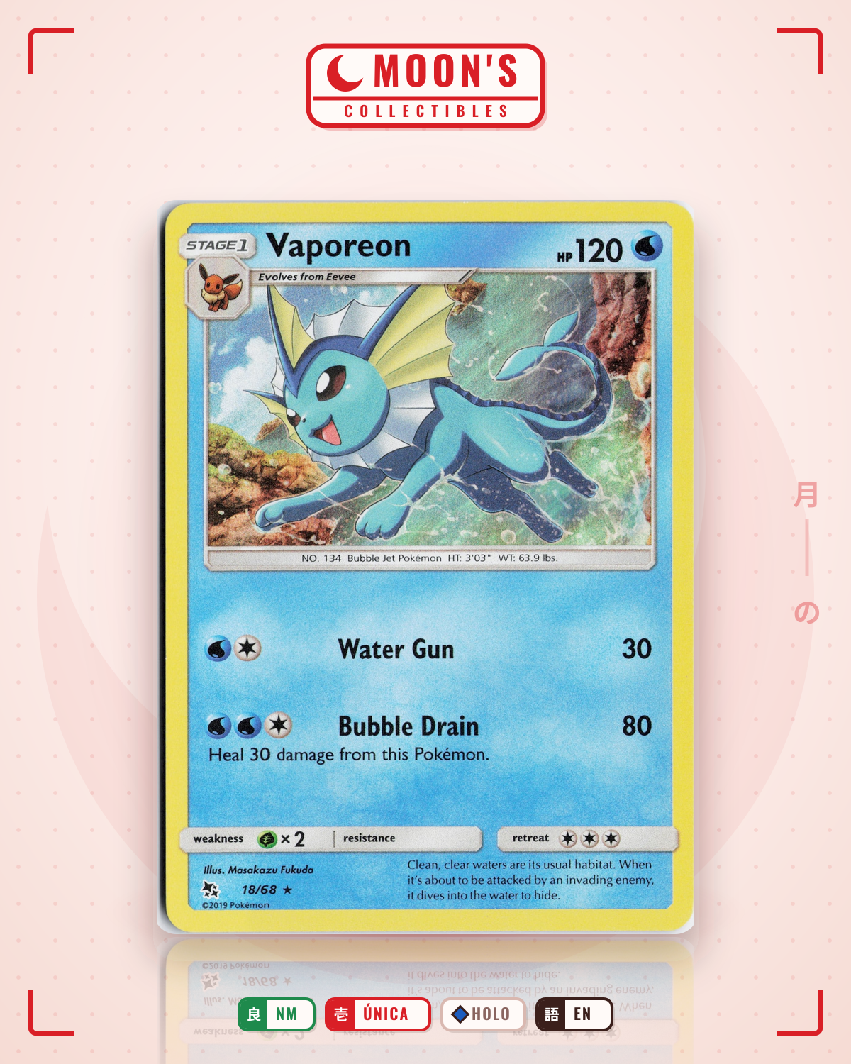 Carta Pokémon Vaporeon · Hidden Fates #18/68 (NM) — pieza única en Moon's Collectibles México