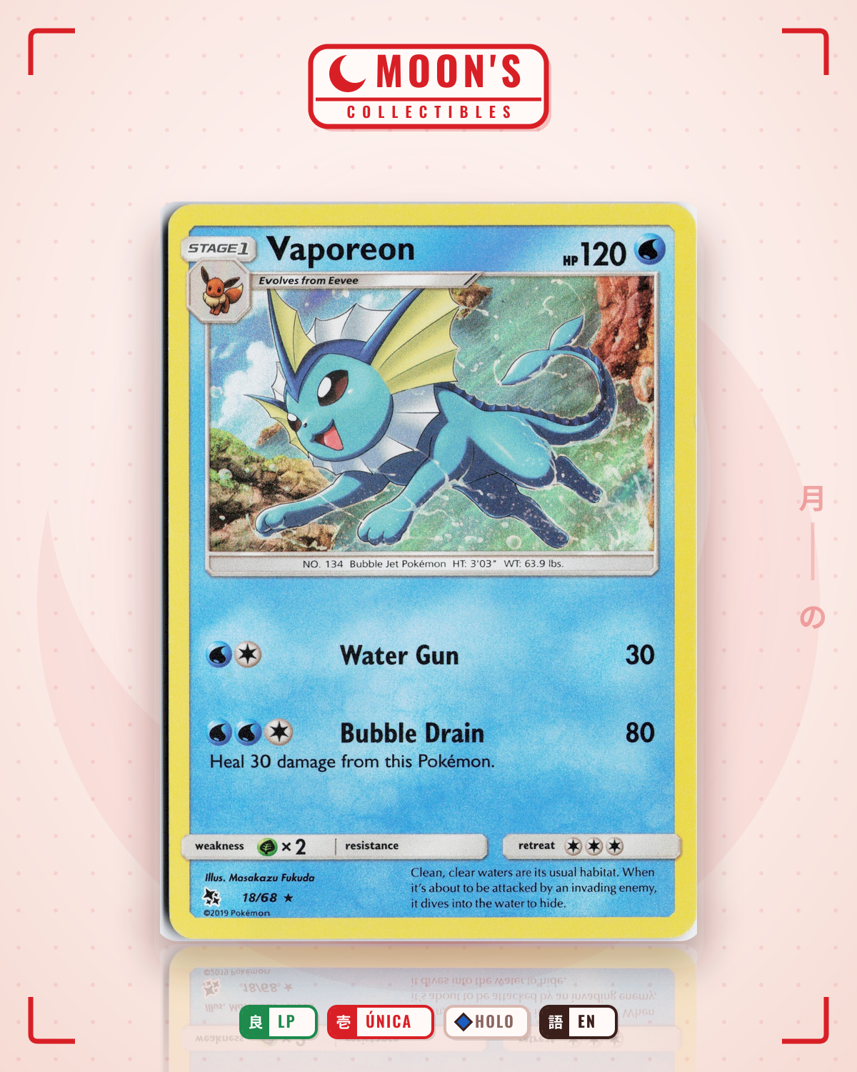 Carta Pokémon Vaporeon · Hidden Fates #18/68 (LP) — pieza única en Moon's Collectibles México