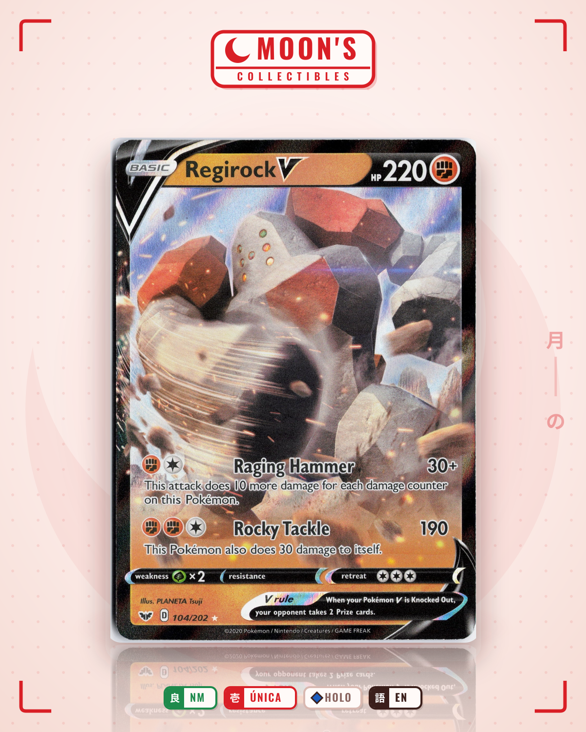 Carta Pokémon Regirock V · Sword & Shield #104/202 (NM) — pieza única en Moon's Collectibles México