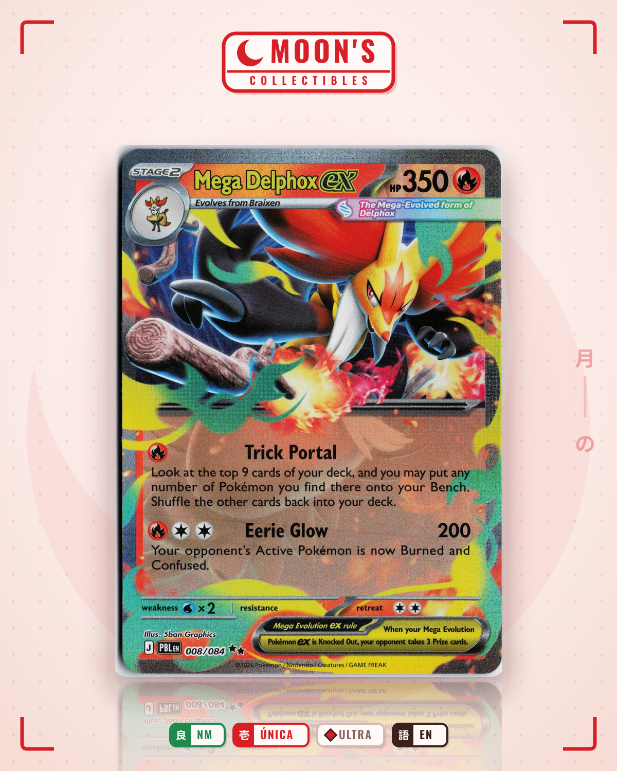 Carta Pokémon Mega Delphox ex · Pitch Black #008/084 (NM) — pieza única en Moon's Collectibles México