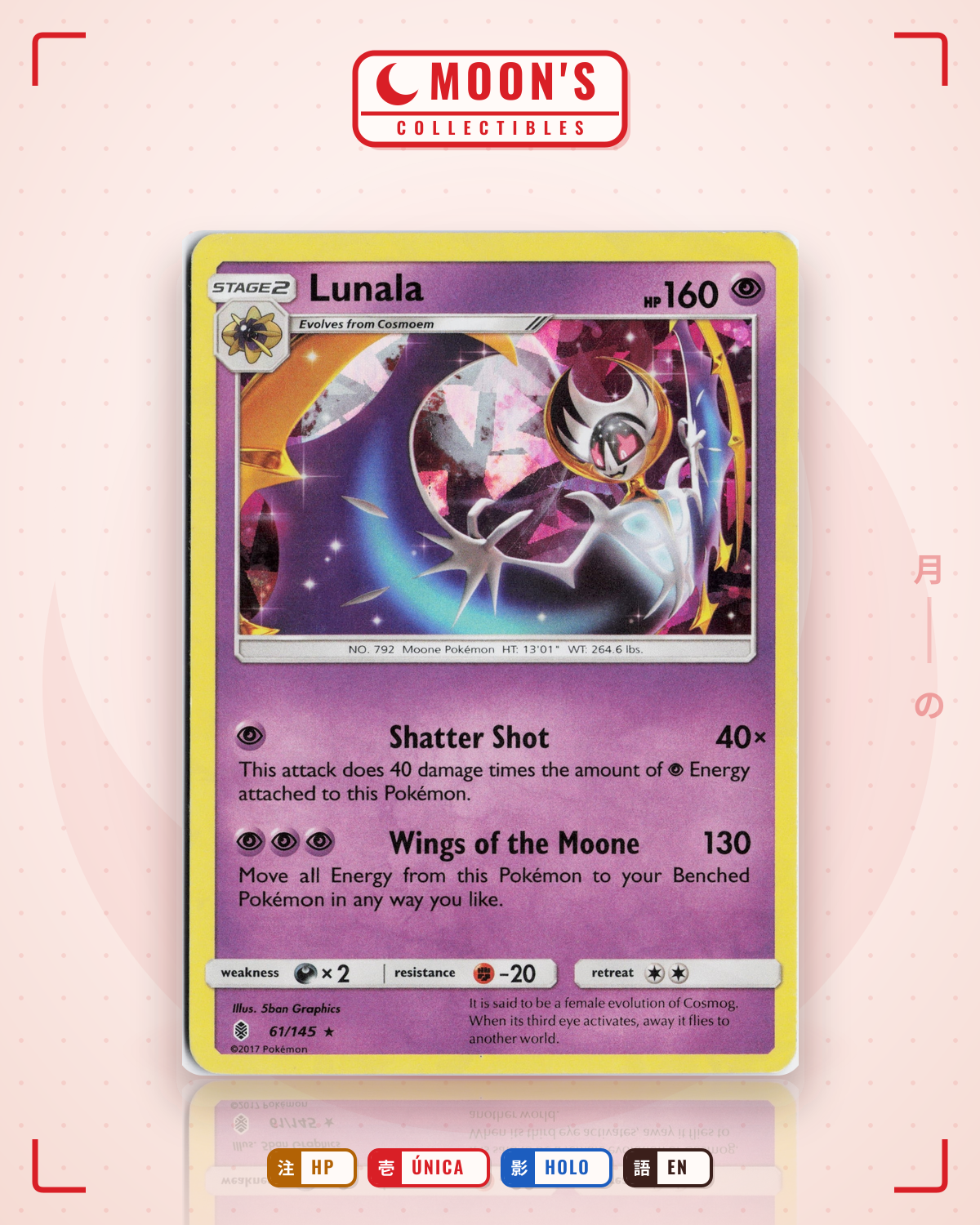 Carta Pokémon Lunala · Guardians Rising #61/145 (HP) — pieza única en Moon's Collectibles México