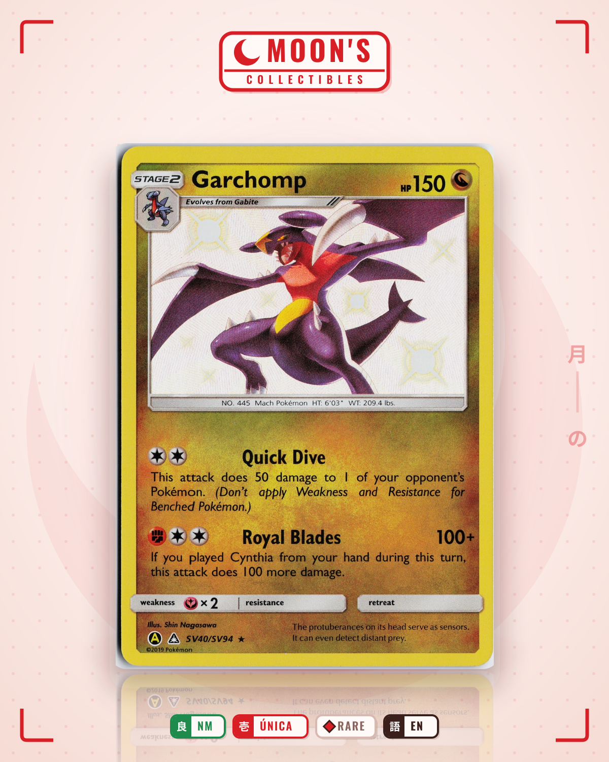 Carta Pokémon Garchomp · Hidden Fates Shiny Vault #SV40/SV94 (NM) — pieza única en Moon's Collectibles México