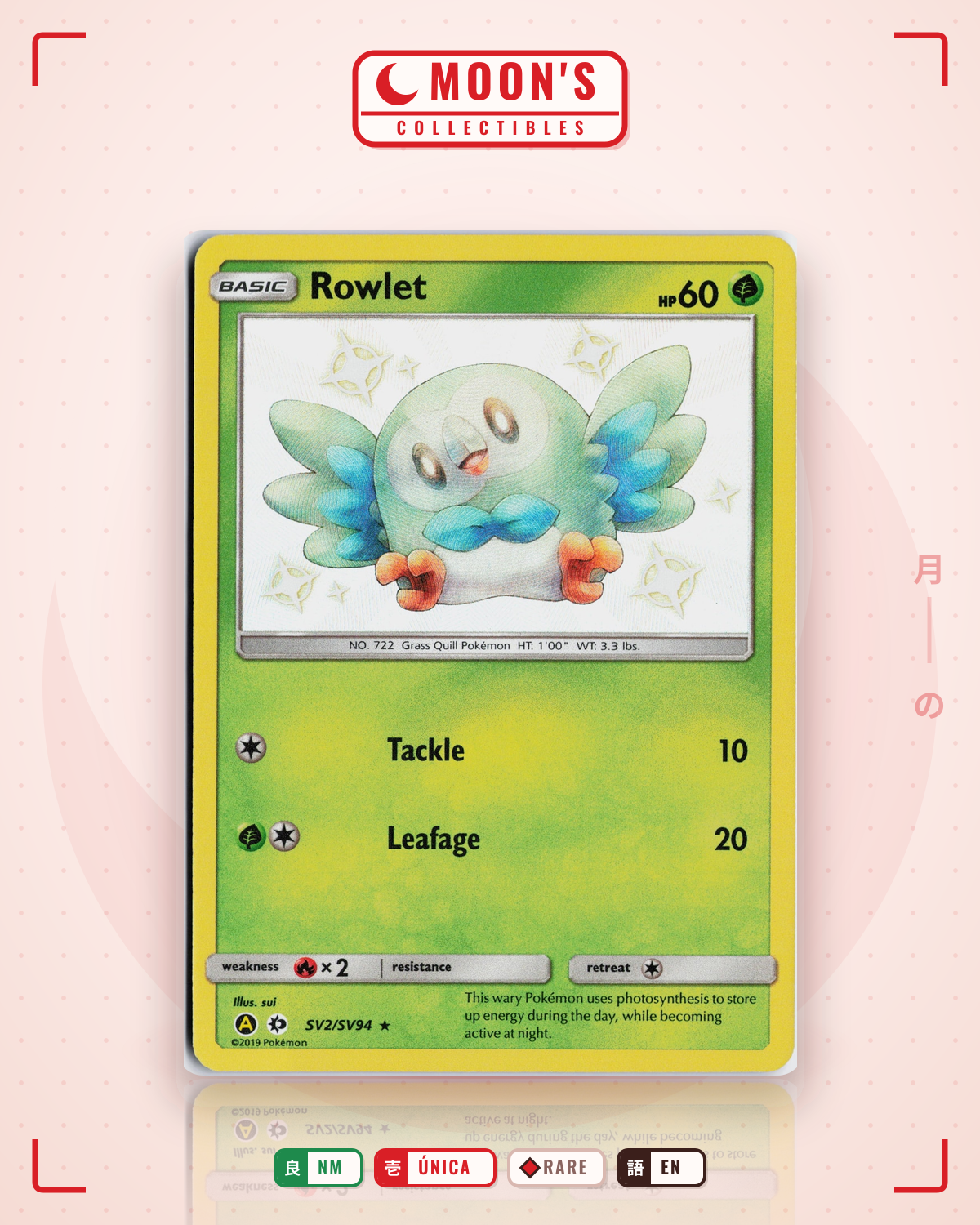 Carta Pokémon Rowlet · Hidden Fates Shiny Vault #SV2/SV94 (NM) — pieza única en Moon's Collectibles México