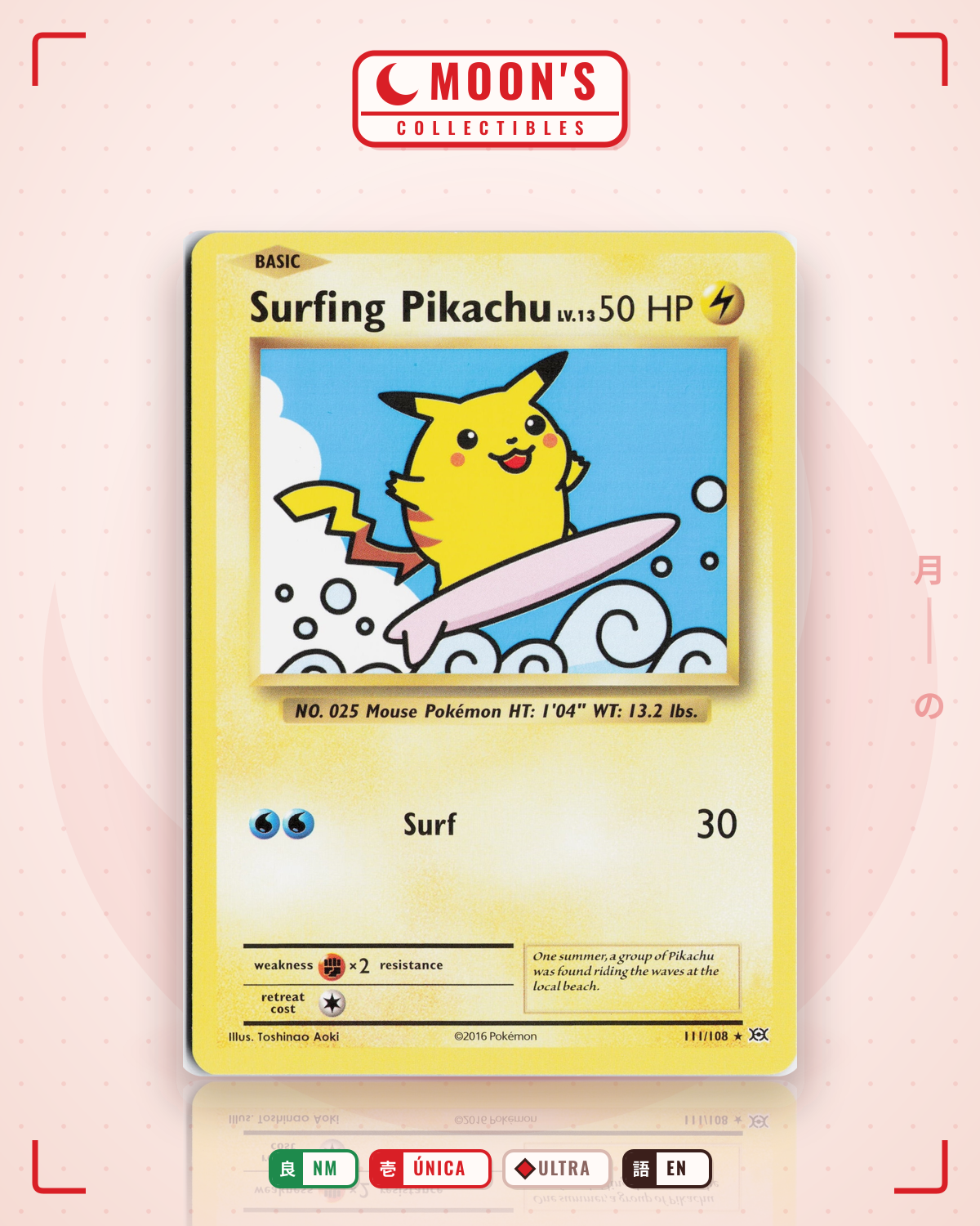 Carta Pokémon Surfing Pikachu · Evolutions #111/108 (NM) — pieza única en Moon's Collectibles México