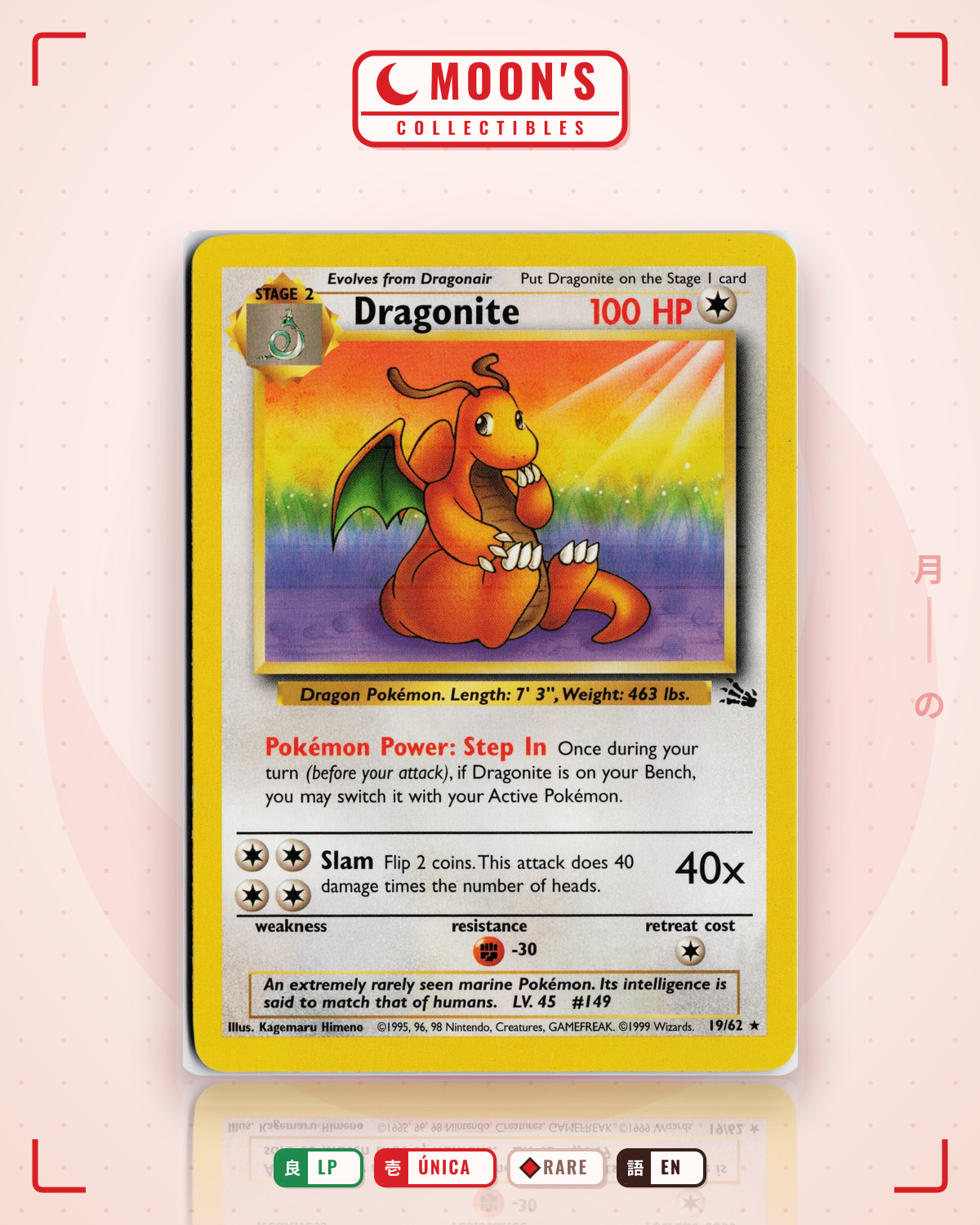 Carta Pokémon Dragonite · Fossil #19/62 (LP) — pieza única en Moon's Collectibles México