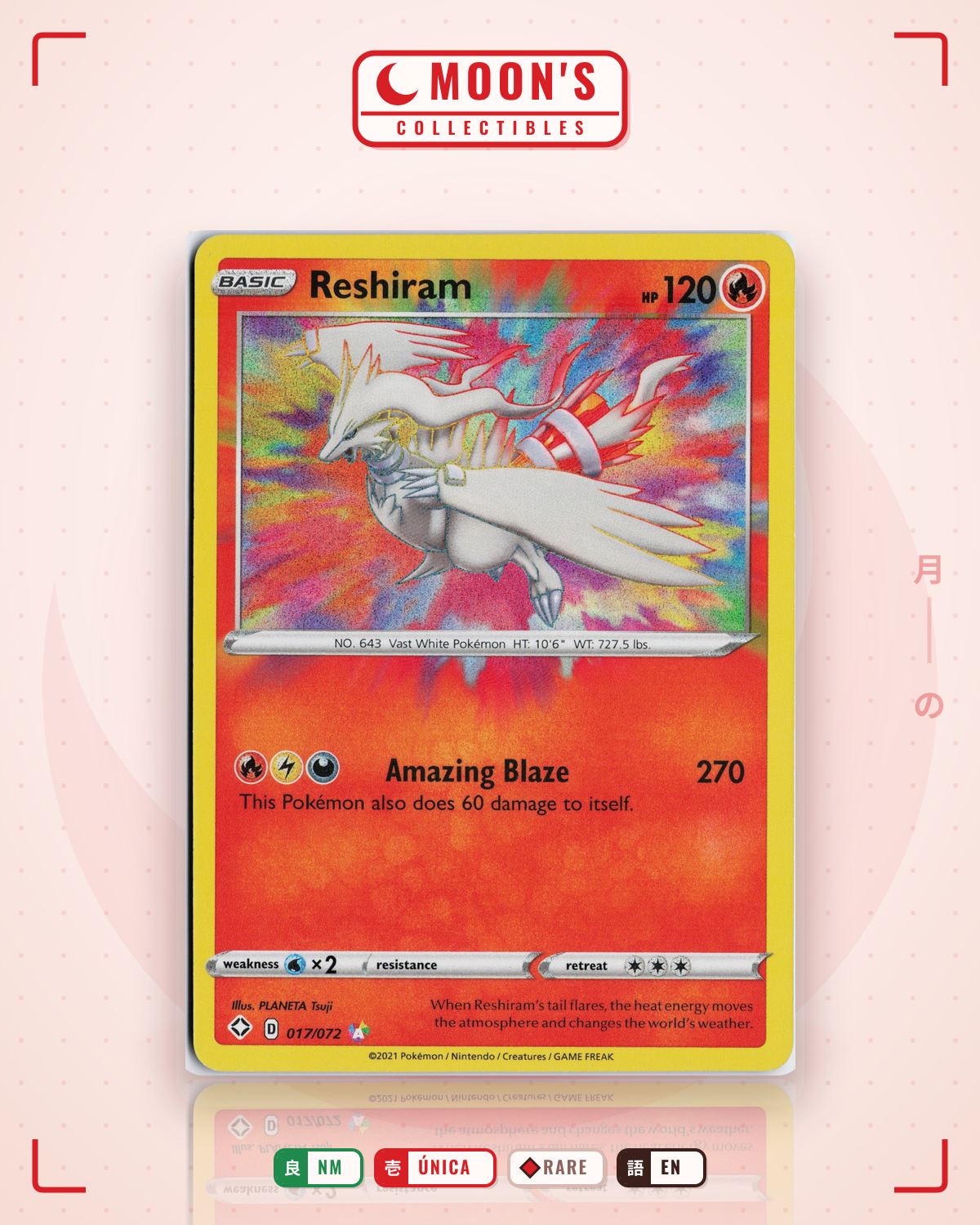 Carta Pokémon Reshiram · Shining Fates #017/072 (NM) — pieza única en Moon's Collectibles México