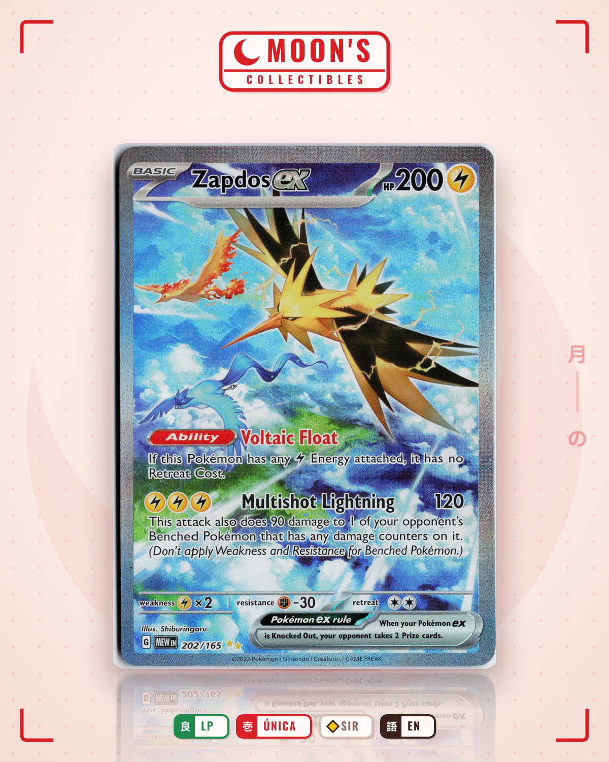 Carta Pokémon Zapdos ex · 151 #202/165 (LP) — pieza única en Moon's Collectibles México