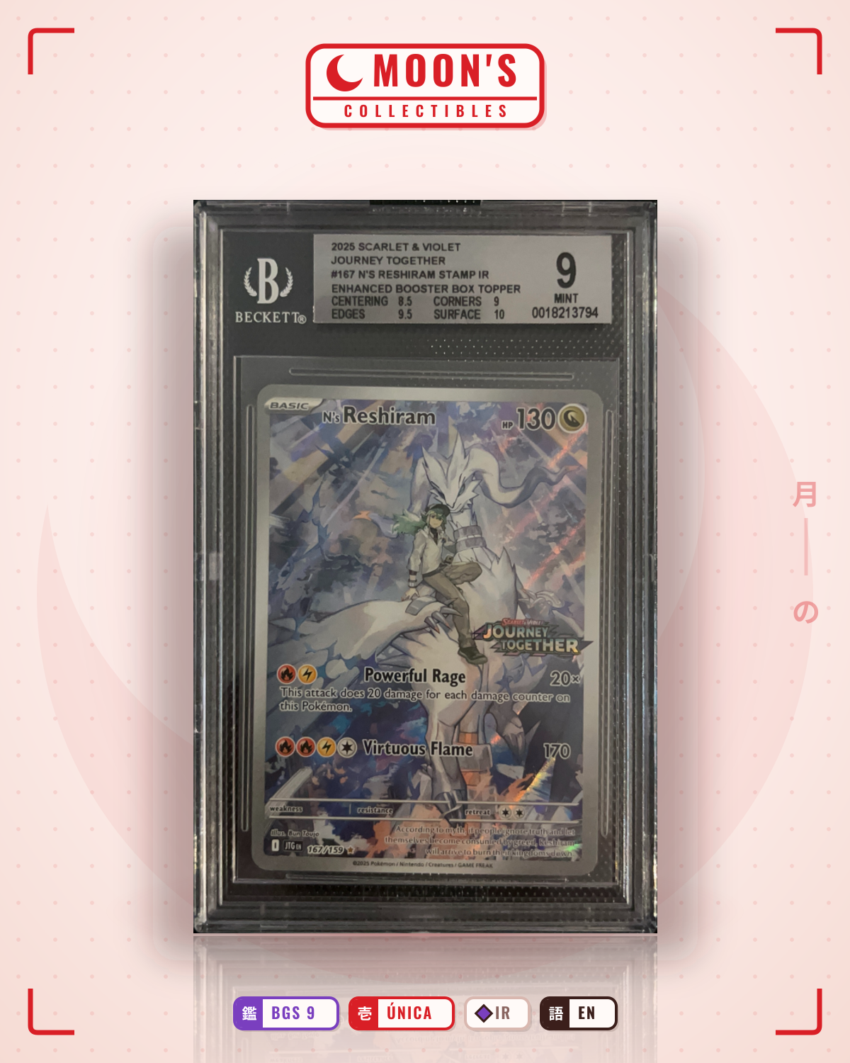Carta Pokémon N's Reshiram · Journey Together #167/159 (BGS 9) — pieza única en Moon's Collectibles México