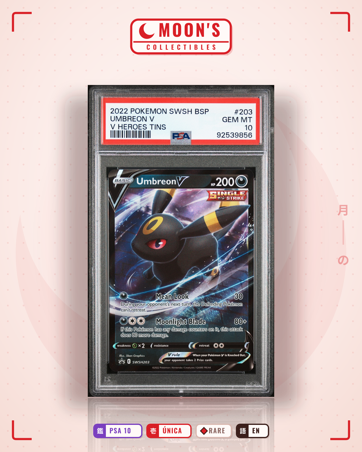 Carta Pokémon Umbreon V · SWSH Black Star Promos #SWSH203 (PSA 10) — pieza única en Moon's Collectibles México